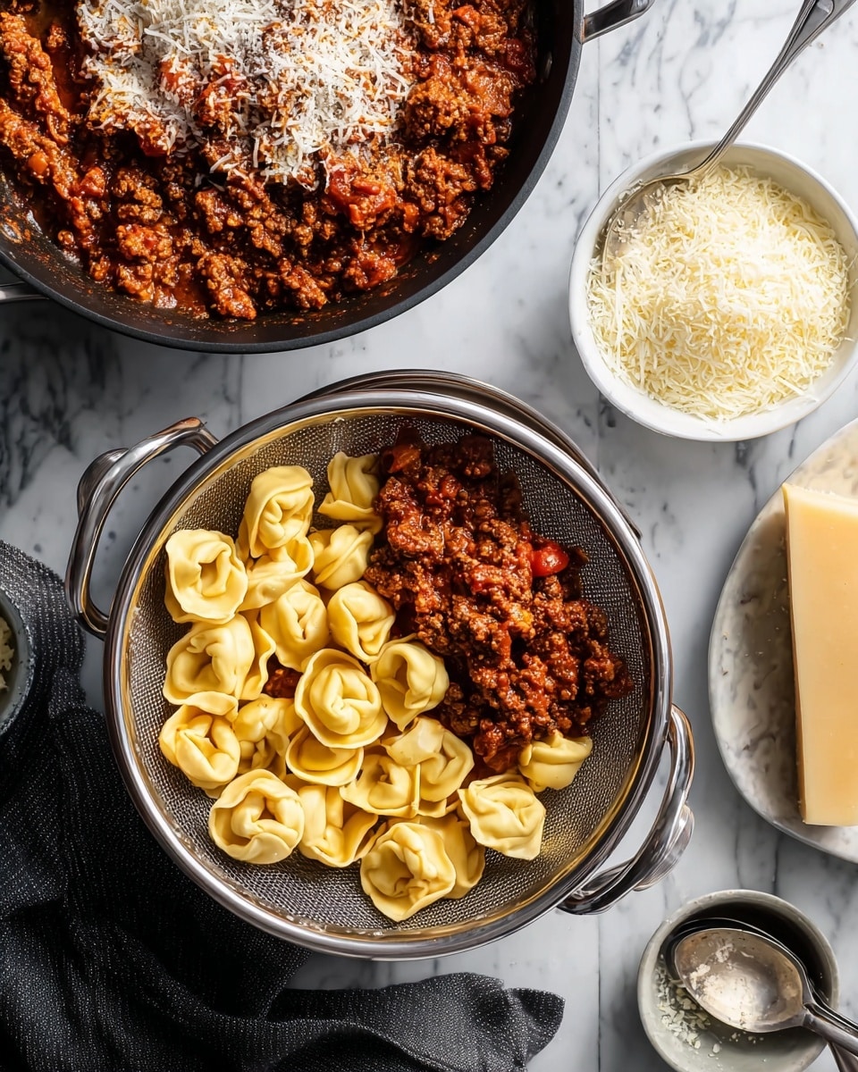The image shows a metal colander placed inside a pot on a white marbled surface. Inside the colander, there are two layers: the bottom layer consists of cooked tortellini pasta in a pale yellow color with a smooth texture, and the top layer is a chunky, rich red-brown meat sauce mixed with small pieces of tomato. To the left, there is a black pan filled with a thick meat sauce topped with a layer of white grated cheese. Below the pan, a white bowl holds a generous amount of finely grated white cheese with a spoon inside. To the upper right of the pot, there is a small white bowl with some grated cheese and a metal spoon, and a rectangular block of firm pale yellow cheese rests on a white marbled tray. A dark gray cloth napkin is partially visible next to the pot. Photo taken with an iphone --ar 4:5 --v 7
