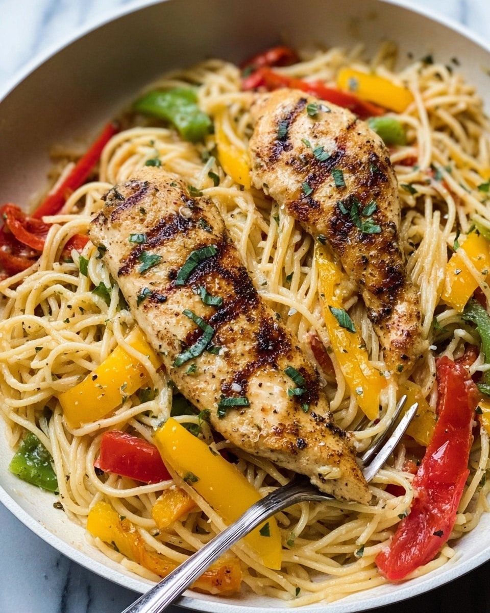 The image shows a close-up of a dish with four grilled chicken strips that have dark grill marks and light brown color, placed on top of a bed of spaghetti pasta. The pasta is light yellow and mixed with pieces of red, yellow, and green bell peppers that add bright color. There are small green basil leaves scattered on top of the chicken and pasta, adding contrast. The dish is served in a white bowl, and the background is a white marbled surface. The photo taken with an iphone --ar 4:5 --v 7
