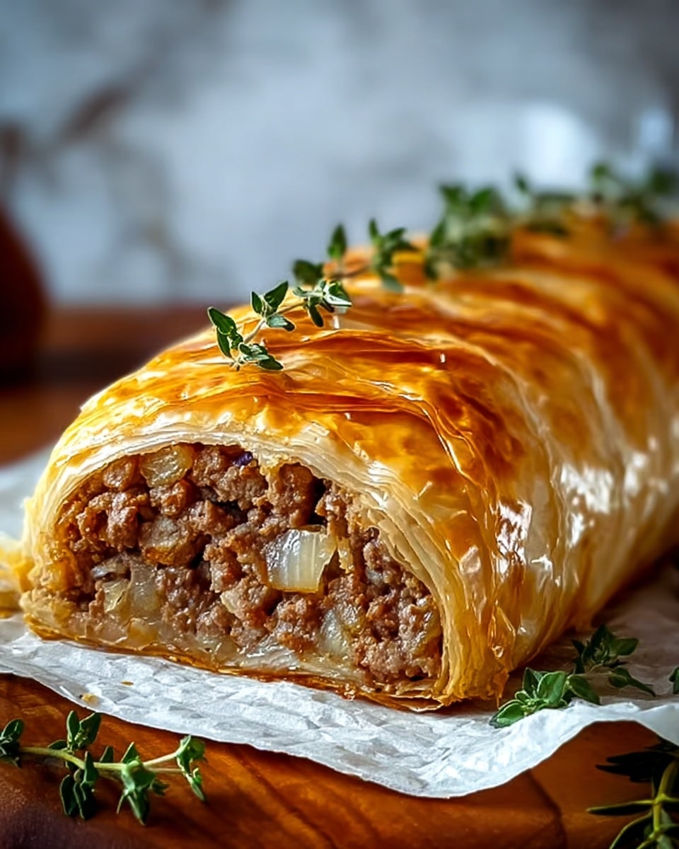 The image shows a close-up of a meat-filled pastry roll resting on white paper with fresh green herb sprigs on top and around it. The pastry has many shiny, thin, golden-brown flaky layers on the outside, with a slightly crisp texture. The inside reveals one thick layer of cooked ground meat mixed with small, translucent pieces of onions. The roll is placed on a wooden surface with a soft white marbled background softly blurred behind it. photo taken with an iphone --ar 4:5 --v 7