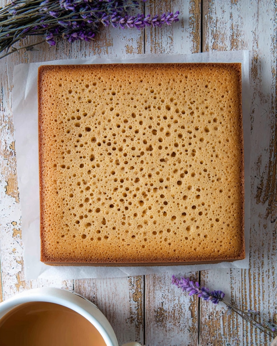 A square light brown sponge cake with even small holes all over the surface sits on white parchment paper, atop a rustic wooden surface with worn, chipped paint. The cake has a slightly darker brown edge crust. Nearby, a white cup filled with light brown tea or coffee is partially visible at the bottom left, and a few sprigs of dried purple flowers rest on the white marbled texture background at the top right and bottom right corners. photo taken with an iphone --ar 4:5 --v 7