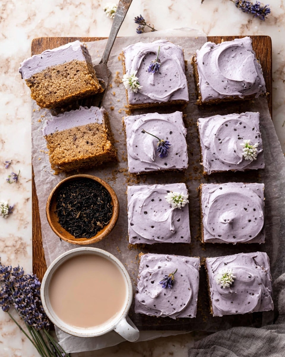 This image shows several square pieces of cake arranged on a white marbled surface. Each cake has two layers: a bottom layer of light brown, moist-looking cake with specks, and a top layer of thick, smooth pale purple frosting, spread evenly. One piece is lifted and tilted, showing the cake's texture clearly. One square cake is decorated with a small white flower and few small purple flower sprigs on top of the frosting. Next to the cakes, there is a wooden bowl filled with dark dried tea leaves and sprigs of small purple flowers. At the bottom right, there is a white cup filled with frothy light coffee or latte. The photo has soft natural light and is taken close-up with an iphone --ar 4:5 --v 7