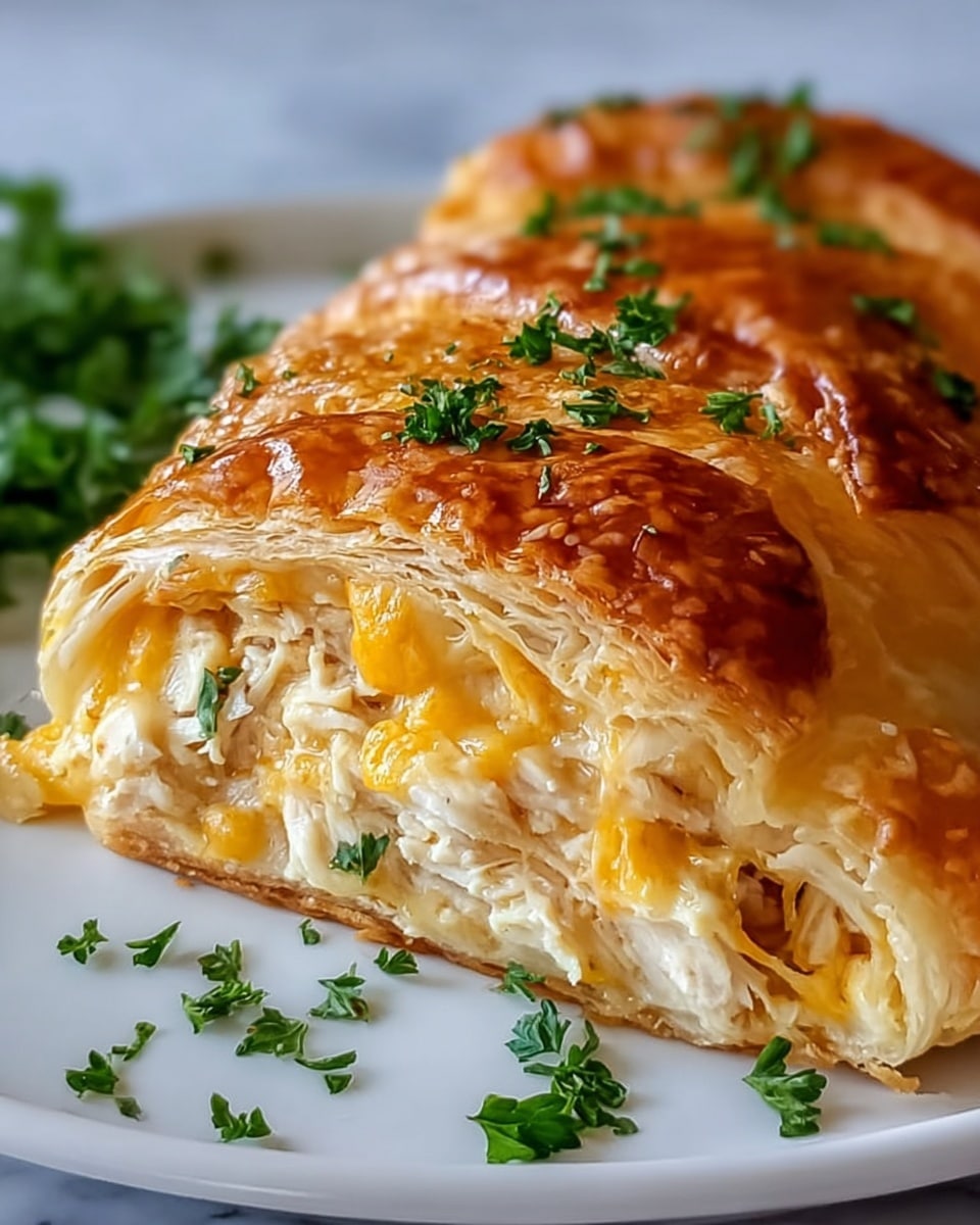 The image shows a close-up of a baked pastry roll on a white plate, placed on a white marbled surface. The pastry has a golden-brown top layer with melted cheese that looks bubbly and slightly browned in spots. Inside the roll, there is a creamy white filling mixed with yellow corn kernels and shredded white meat. Fresh green herbs are sprinkled on top of the pastry and scattered lightly on the plate, adding a pop of color. Photo taken with an iphone --ar 4:5 --v 7