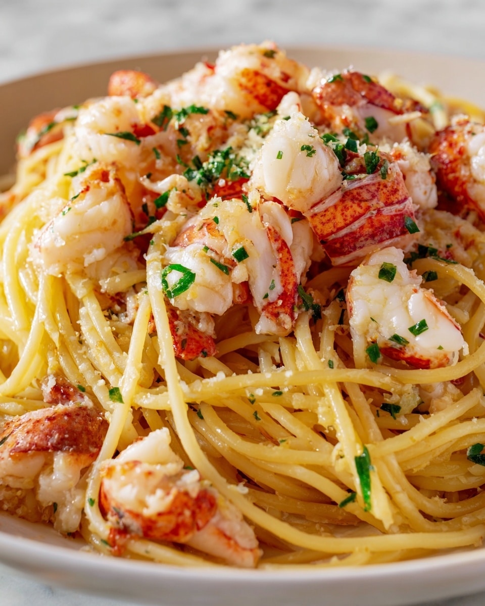 The dish is a close-up of spaghetti mixed with pieces of lobster meat and small tomato chunks. The spaghetti is pale yellow with a smooth texture, forming a thick layer surrounded by lobster pieces that are white with red-orange markings. Small bits of green herbs are scattered throughout, adding contrast to the dish. The tomatoes are soft and reddish-brown, nestled among the pasta and lobster. The overall look is fresh and creamy, sitting on a white marbled surface. photo taken with an iphone --ar 4:5 --v 7