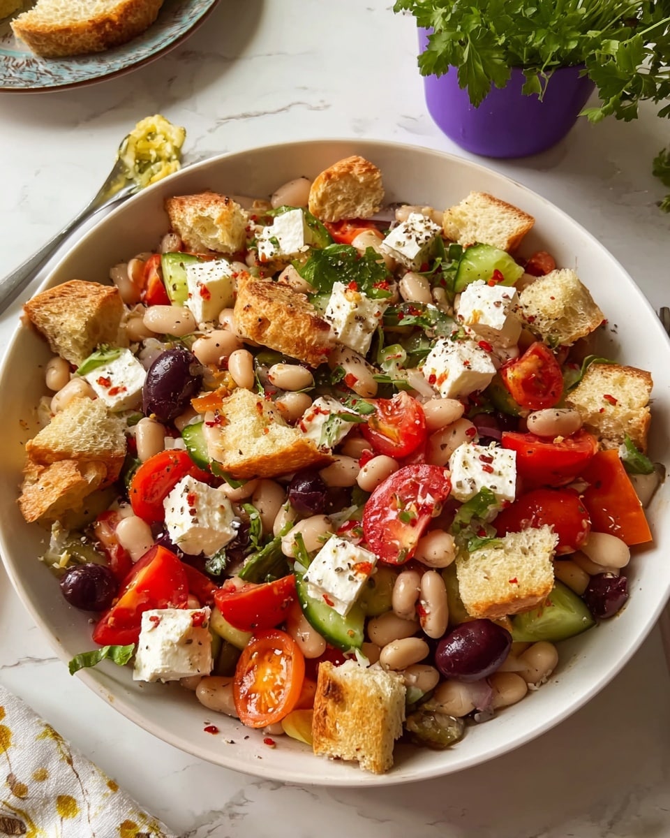 A large white bowl sits on a white marbled surface filled with a colorful salad. The base layer is white beans that cover the bottom fully. On top of the beans are sliced black olives, chunks of bright red tomatoes, and pieces of sliced cucumber scattered throughout. Fresh green herbs are mixed in, adding a touch of leafy texture. Over this layer, there are cube-shaped white feta cheese pieces, sprinkled evenly. Toasted, golden brown bread chunks are placed on top, some broken, giving a crunchy texture. The salad is lightly sprinkled with black pepper and small red bits, likely chili or pepper flakes. In the background, there is a small purple pot holding fresh green parsley against the white marbled surface. Photo taken with an iphone --ar 4:5 --v 7