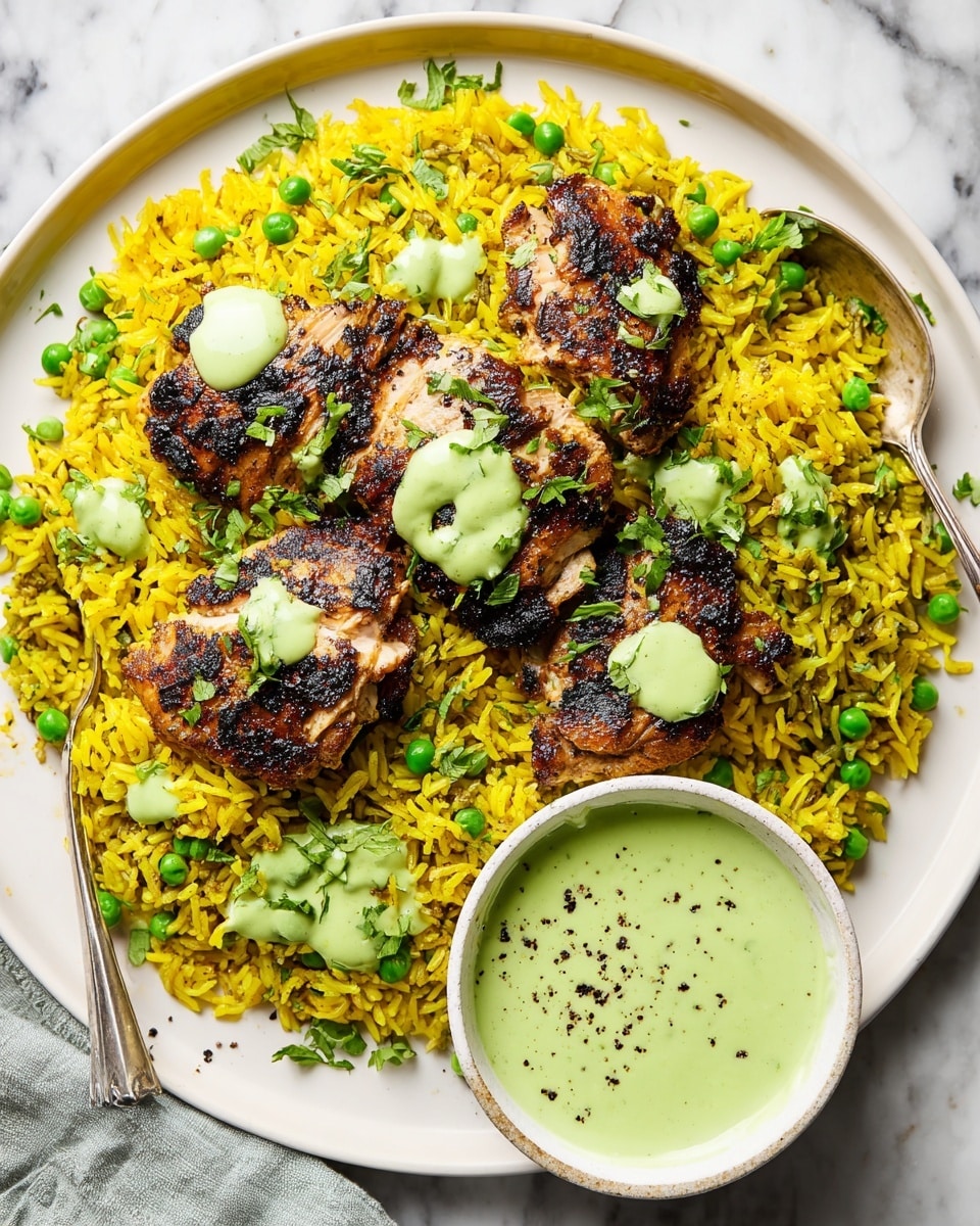 A large white plate holds a bed of bright yellow rice mixed with green peas, evenly spread as the first layer. On top, there are three pieces of grilled chicken with dark brown and black char marks, showing a crispy texture. A light green creamy sauce is drizzled over the chicken and some parts of the rice. Fresh chopped green herbs are sprinkled lightly on top of the chicken and rice. On the right side of the plate, a small white bowl contains more of the same light green sauce, with a bit of black pepper sprinkled on it. A silver spoon lies on the plate, resting on the rice. The whole scene is set on a white marbled surface. photo taken with an iphone --ar 4:5 --v 7