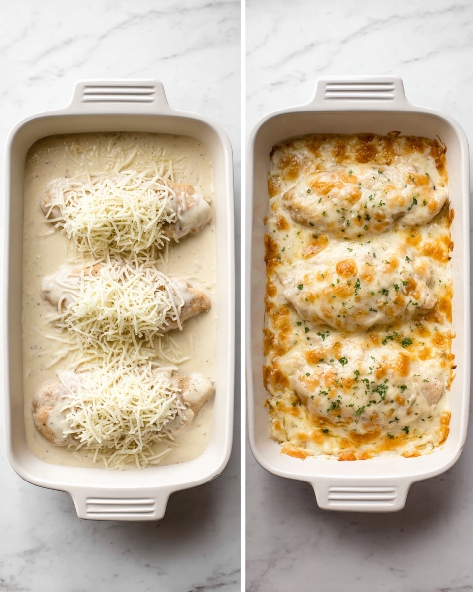 The image shows two white rectangular baking dishes on a white marbled surface side by side. The left dish contains three pieces of chicken covered in a light creamy sauce, topped with a thick layer of white shredded cheese. The sauce looks smooth and creamy, surrounding the chicken evenly. The right dish has the same three chicken pieces fully baked, with the creamy sauce now thicker and bubbling, and patches of melted golden brown cheese forming on top of the creamy layer. Both dishes have handles on the sides, and the cheese texture on the right appears slightly crispy in spots. photo taken with an iphone --ar 4:5 --v 7