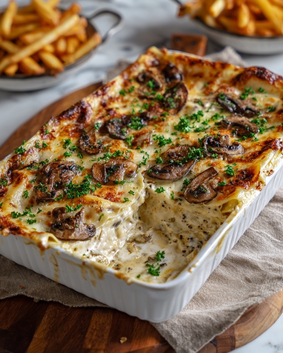 The image shows a white rectangular baking dish filled with layered mushroom lasagna. The top layer is golden brown with melted cheese, browned edges, and scattered cooked mushroom slices. Fresh green parsley is sprinkled over the top, adding a touch of color. The lasagna layers are thick and creamy, with visible white sauce and cheese underneath the mushrooms. The dish sits on a wooden board, and a soft beige cloth is placed nearby. In the background, blurred fries and other food items are visible on a white marbled surface. Photo taken with an iphone --ar 4:5 --v 7