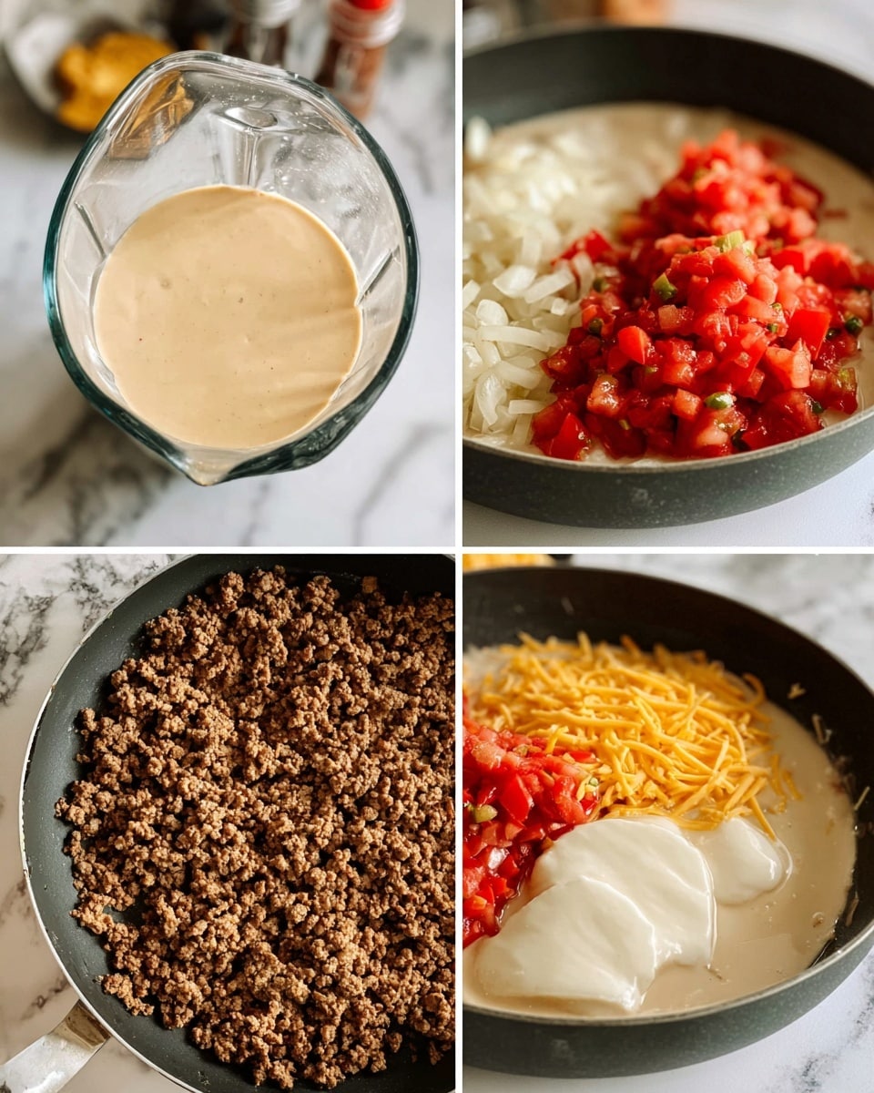 The image shows three photos of cooking steps on a white marbled surface. The top photo is a glass blender container with a light beige smooth sauce inside, with some kitchen items blurred in the background. The bottom left photo shows a black pan filled with cooked ground meat mixed with small white chopped onions. The bottom right photo shows the same black pan holding the beige sauce as a base layer, bright red chopped tomatoes with green bits on top on one side, two scoops of a pale creamy ingredient on another side, and shredded yellow cheese on the last side. Photo taken with an iphone --ar 4:5 --v 7