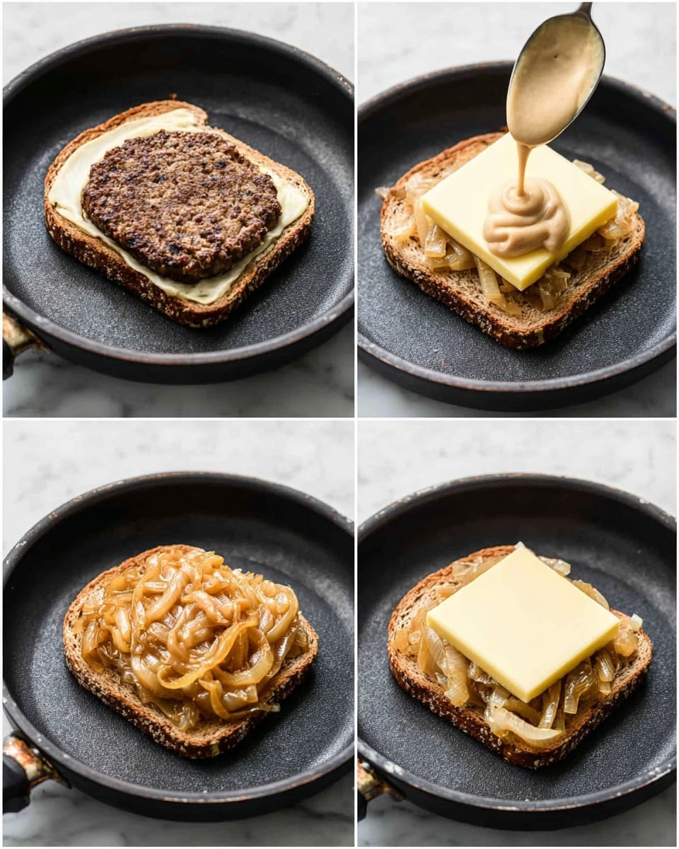 The image shows four steps of making an open sandwich on a black round pan placed on a white marbled surface. The first step has a single layer of brown toasted bread on the bottom with a dark brown cooked patty on top, roughly oval and textured. The second step adds a smooth, pale yellow cheese slice and a thick layer of caramelized onions with a golden caramel color and soft texture. In the third step, a spoon is seen pouring a creamy beige sauce over the onions, creating a small pool on top. The final step shows a second square slice of pale yellow cheese laid flat over the sauce and onions, completing the sandwich topping layers. Photo taken with an iphone --ar 4:5 --v 7