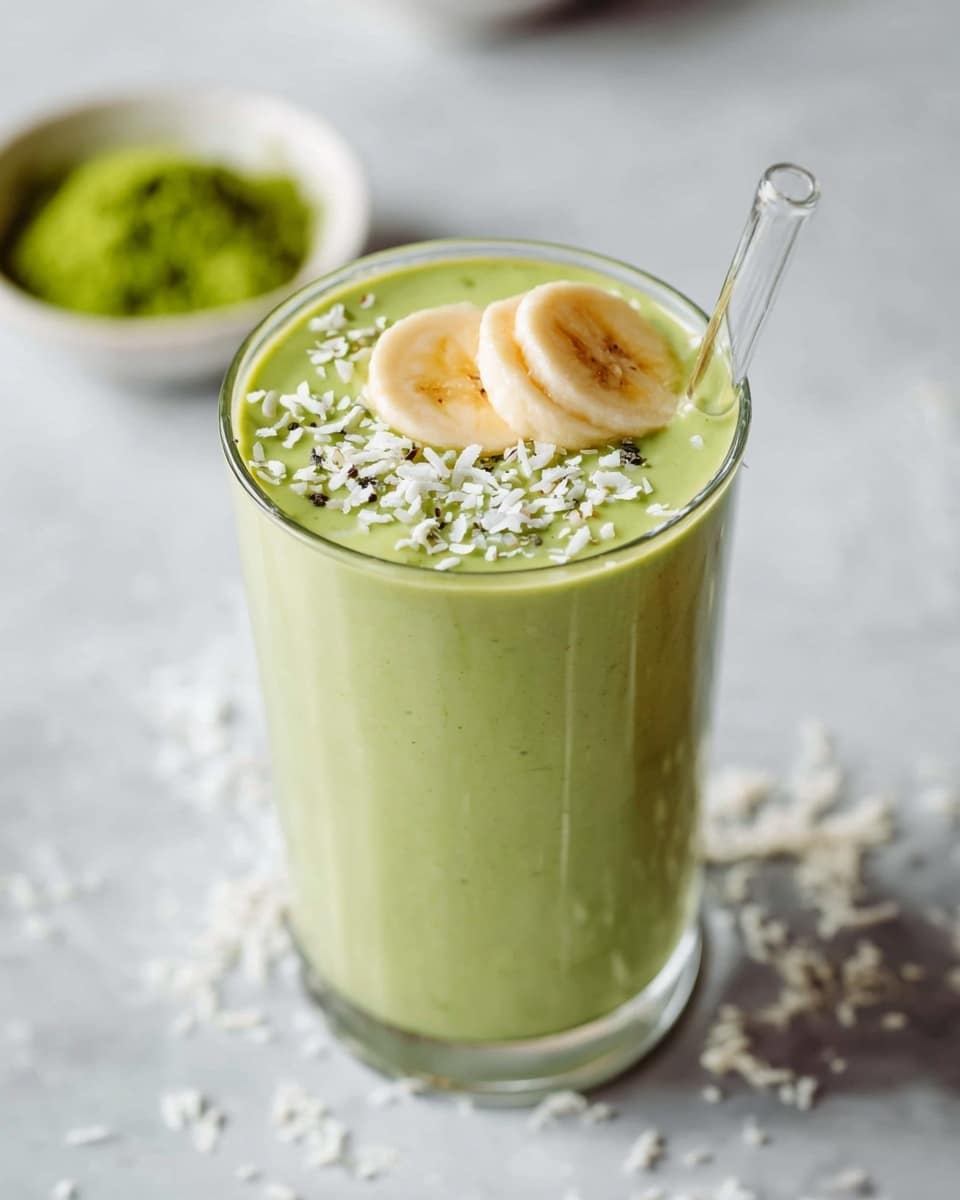 A tall clear glass filled with a smooth light green smoothie, topped with two thin pale yellow banana slices placed close together near the edge, and sprinkled with small white coconut flakes evenly scattered on top. A transparent straw is inserted angled from the left side into the smoothie. The glass sits on a white marbled surface with small scattered bits of coconut flakes around. In the blurred background, there is a white bowl with a green powder visible inside. photo taken with an iphone --ar 4:5 --v 7