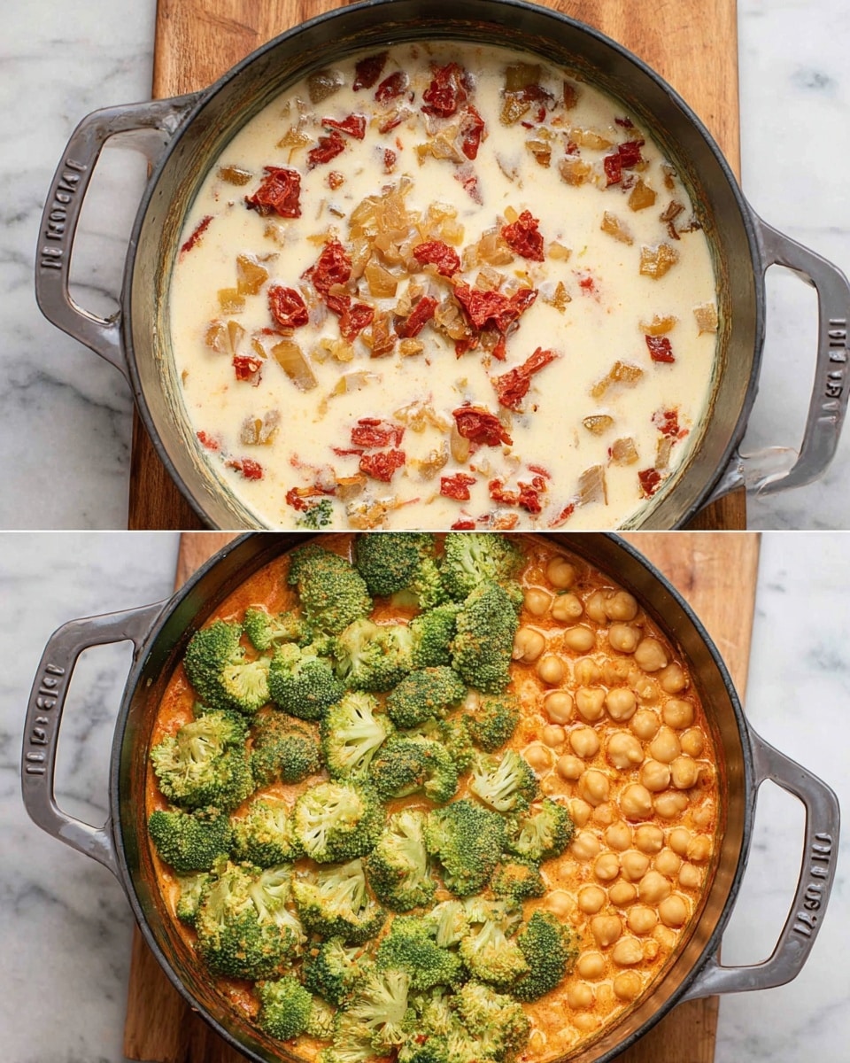 The first image shows a dark gray cast iron pot filled with a creamy white sauce that has scattered pieces of diced browned onions and red tomato bits floating on the surface. The second image displays the same pot, now filled with a rich orange sauce covering the bottom, topped with a thick layer of bright green broccoli florets on the left half and a cluster of beige chickpeas on the right half. The pot sits on a wooden board with a white marbled surface beneath it photo taken with an iphone --ar 4:5 --v 7