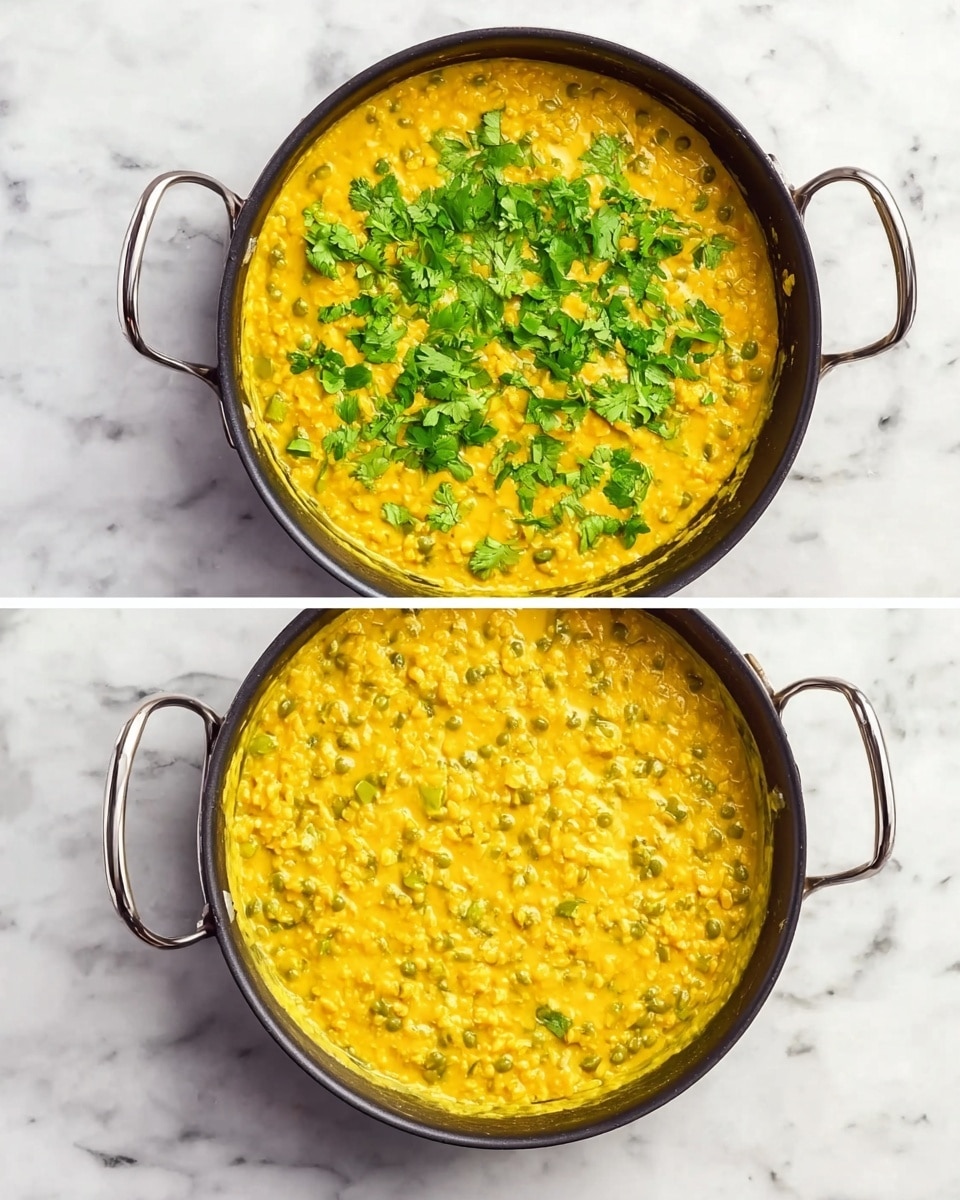 A round black pan with metal handles contains a creamy yellow lentil dish with visible small green lentils and a smooth texture, spread evenly inside the pan which rests on a white marbled surface. The second view shows fresh green cilantro leaves scattered over the yellow lentils adding a bright green contrast on top of the dish, while the creamy lentil base remains thick and consistent. photo taken with an iphone --ar 4:5 --v 7