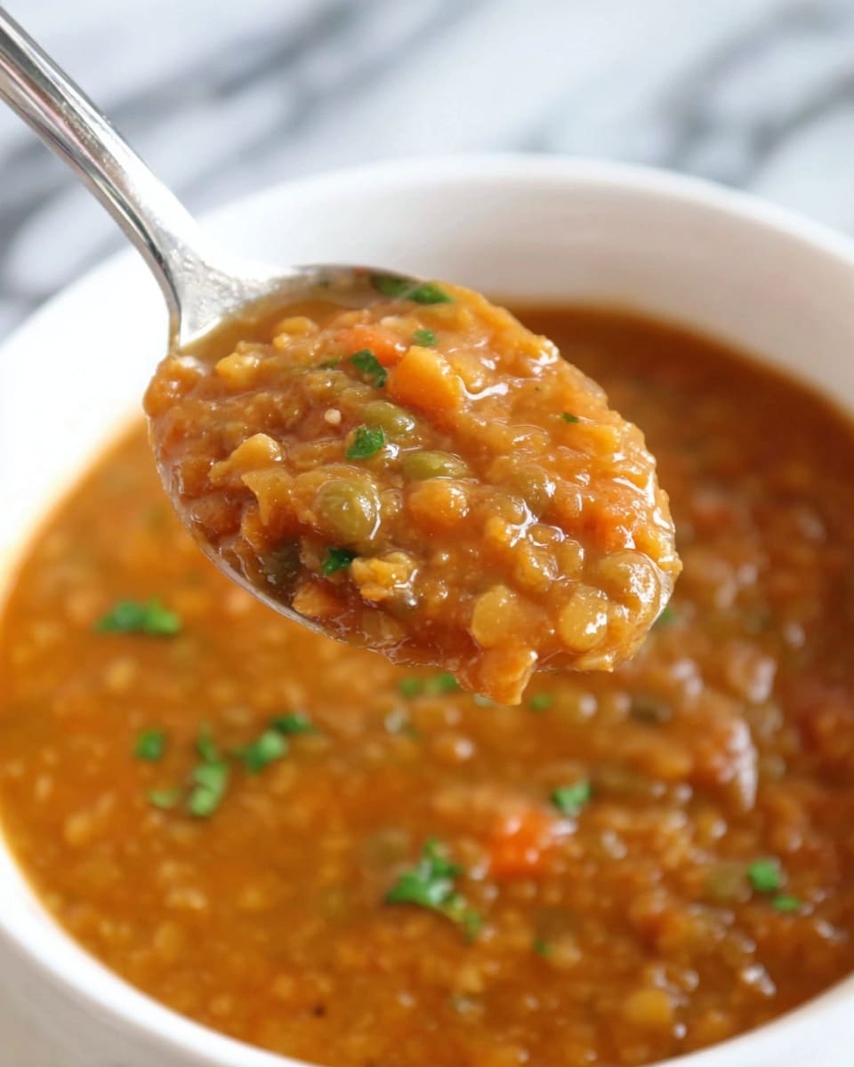 The image shows a white bowl filled with thick, brownish-orange lentil soup that has a slightly chunky texture with visible small pieces of vegetables. The soup is topped with small green herb leaves scattered on the surface. Behind the bowl, there is a large white pot also filled with the same lentil soup, with some green herbs floating on top. The bowl and pot are placed on a white marbled surface with a white cloth nearby, and a silver spoon is partially visible on the right side. photo taken with an iphone --ar 4:5 --v 7