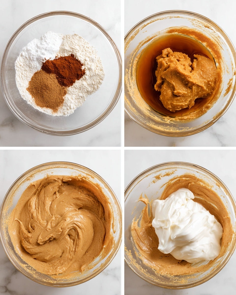 A collage of four images shows the step-by-step mixing of a light brown, thick pumpkin cream in a clear glass bowl on a white marbled surface. The first layer scene shows dry white flour, brown cinnamon, nutmeg powder, and a smooth mound of pumpkin puree, topped with a shiny amber liquid, all separated in the bowl. The second scene shows these ingredients fully blended into a smooth, dense, light brown pumpkin mixture, evenly spread inside the bowl. The third scene adds a fluffy, bright white cream on top of the pumpkin base, highlighting its soft texture. The last scene shows the final smooth mixture, now light tan and creamy, with soft peaks inside the bowl, ready to use. photo taken with an iphone --ar 4:5 --v 7
