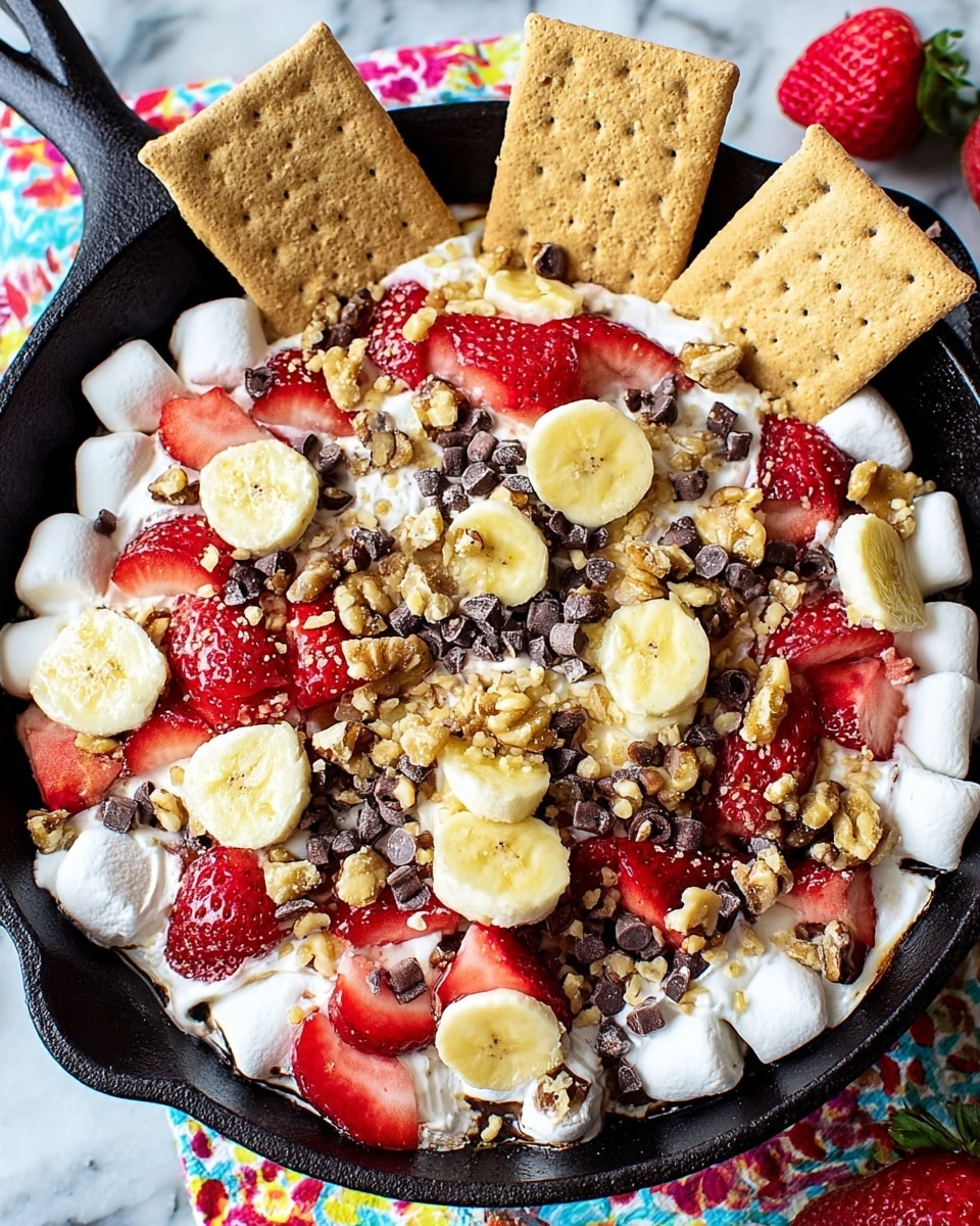 The dish is shown in a white bowl with a rough texture, sitting on a white marbled surface. It has several layers starting with a layer of small white pieces that look soft and fluffy. On top, there are bright red slices of strawberry, yellow banana chips, and brown pecan nuts sprinkled all around. Small dark brown chocolate chips are scattered evenly across the entire dish, adding more detail and contrast. The colors are vibrant, and the textures of each ingredient are clear, creating a fresh and inviting look. photo taken with an iphone --ar 4:5 --v 7