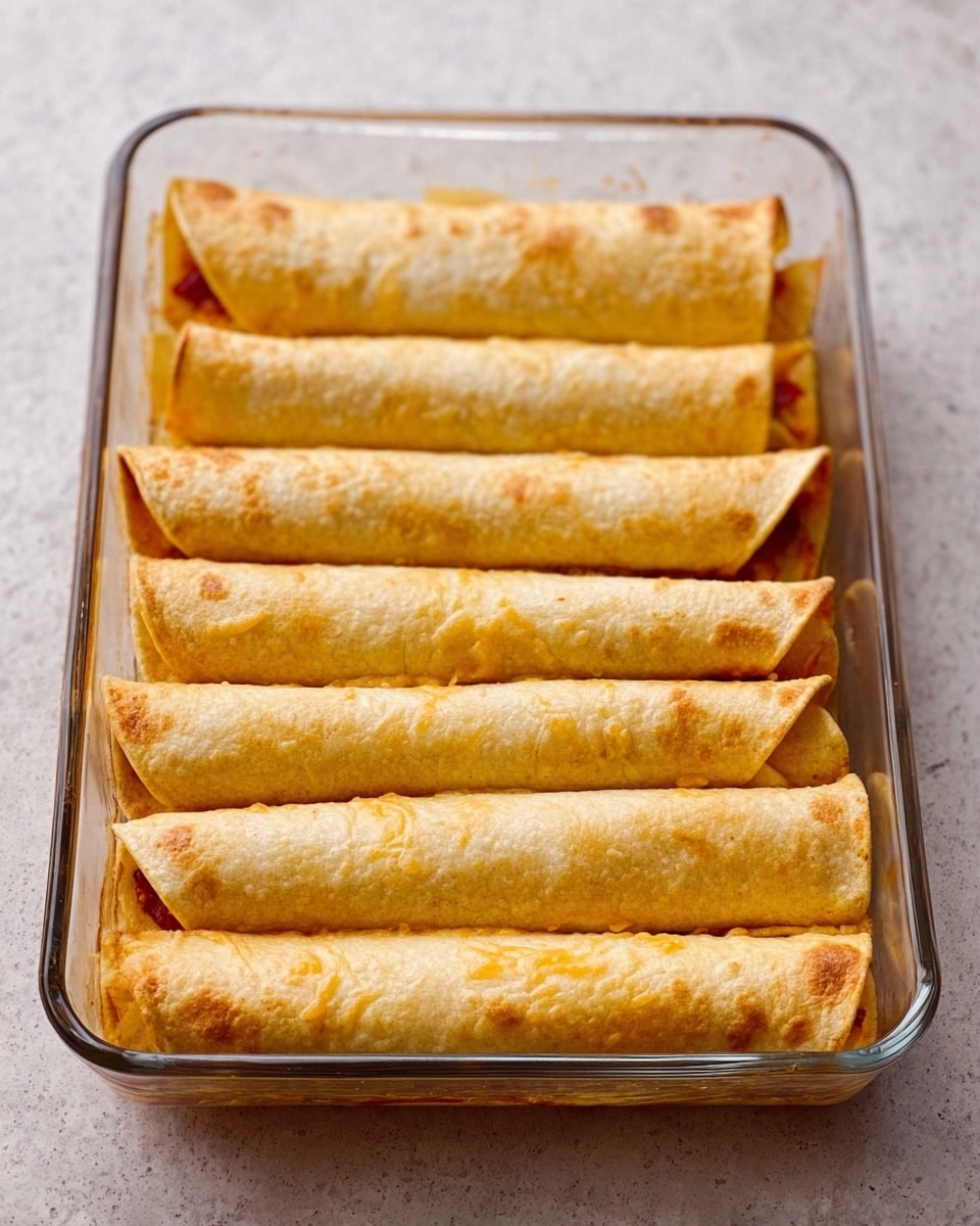 The image shows a clear glass rectangular baking dish placed on a white marbled surface. Inside the dish, there are eight rolled tortillas arranged neatly in two rows of four. Each tortilla is golden brown with a slightly crispy texture, showing small cracks and light spots on the surface. The ends of some tortillas reveal a glimpse of a red filling inside. The overall look is warm and inviting, with the rolled tortillas evenly spaced and aligned. Photo taken with an iphone --ar 4:5 --v 7