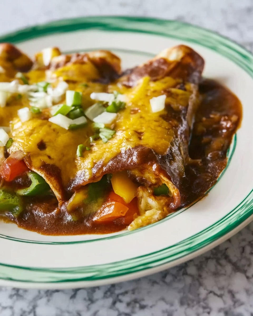 A close-up of an enchilada on a white plate with green and light brown swirls, showing two rolled tortillas filled with colorful vegetables like warm red, yellow, and green bell peppers peeking out from the sides. The top of the enchilada is covered with a thick, rich brown sauce and melted yellow cheese with small bits of white onion scattered on top. The background is a white marbled surface. photo taken with an iphone --ar 4:5 --v 7