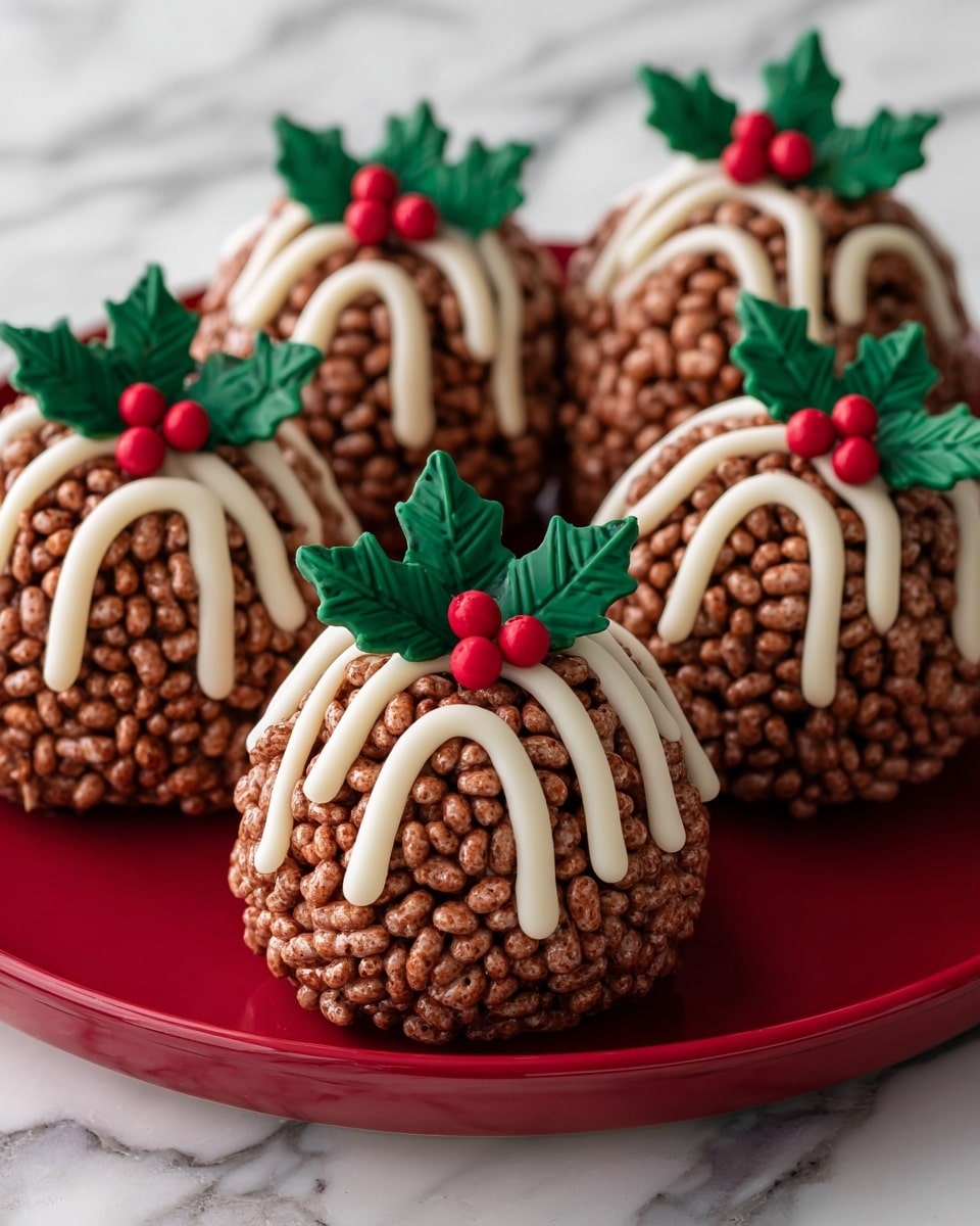 The image shows a group of six spherical treats coated with small, round chocolate cereal or puffed chocolate grains. Each treat is decorated with white icing drizzled in an arch pattern on top, creating a festive look. On the top center of each sphere, there are two green candy holly leaves and three red candy berries, resembling holly decoration. The treats are placed close together on a red plate, all set on a white marbled surface. Photo taken with an iphone --ar 4:5 --v 7