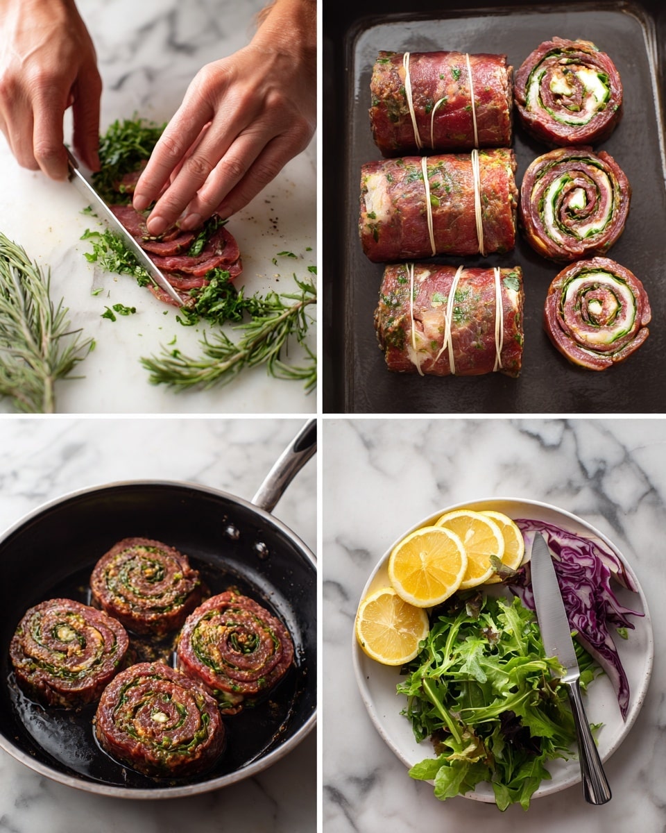 The image shows a white plate on a white marbled surface holding six rolled meat spirals arranged closely together. Each spiral has visible layers of rich red meat, green herbs, and yellow cheese, giving a colorful swirl pattern from top to bottom. Two round slices of bright yellow lemon sit at the back of the plate, adding a fresh contrast to the meat rolls. The texture of the meat looks tender and slightly moist, while the cheese appears soft and melted into the layers. photo taken with an iphone --ar 4:5 --v 7