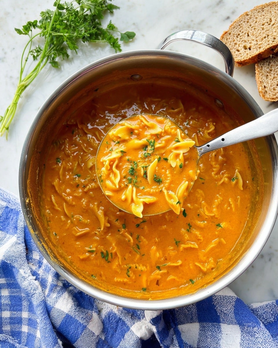 A shiny metal pot filled with thick, orange soup with short pasta pieces mixed in, some floating on top. The soup has bits of green herbs scattered throughout, and a large silver ladle lifts a spoonful showing the creamy texture and pasta clearly. The pot sits on a white marbled surface next to a blue and white checkered cloth and some slices of whole grain bread. A small bunch of fresh green herbs lies near the pot. Photo taken with an iphone --ar 4:5 --v 7
