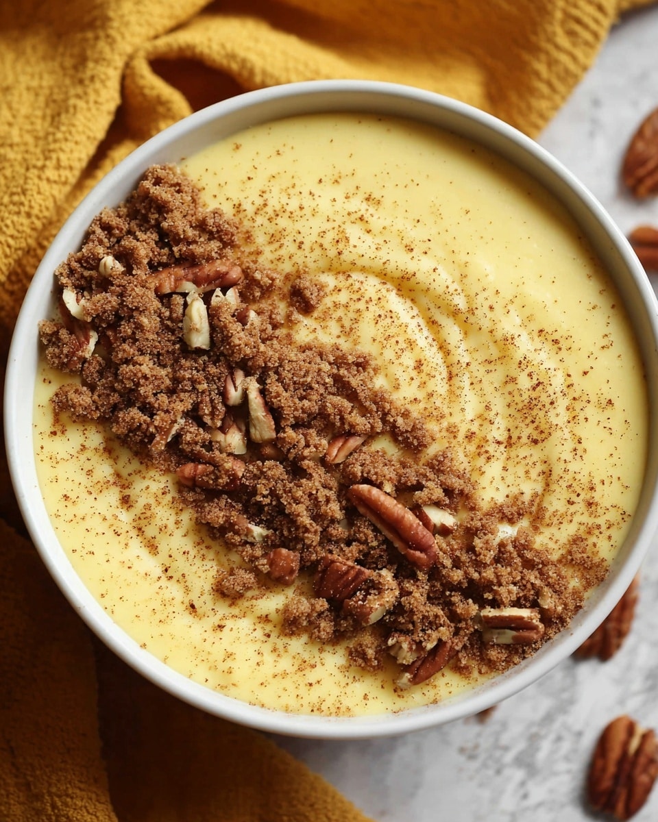 A white bowl sits on a white marbled surface with a golden yellow cloth underneath it. Inside the bowl, a creamy smooth pumpkin-colored puree fills the base layer. On top, there is a thick row of crumbly streusel with specks of cinnamon and whole pecans, adding a rich brown texture against the smooth orange base. A light dusting of cinnamon powder is sprinkled lightly across the surface of the puree, giving a soft orange-brown contrast. Surrounding the bowl are blurred items including a shiny silver spoon on the right and some cinnamon sticks and a small pumpkin in the background. The overall image is warm and cozy. photo taken with an iphone --ar 4:5 --v 7