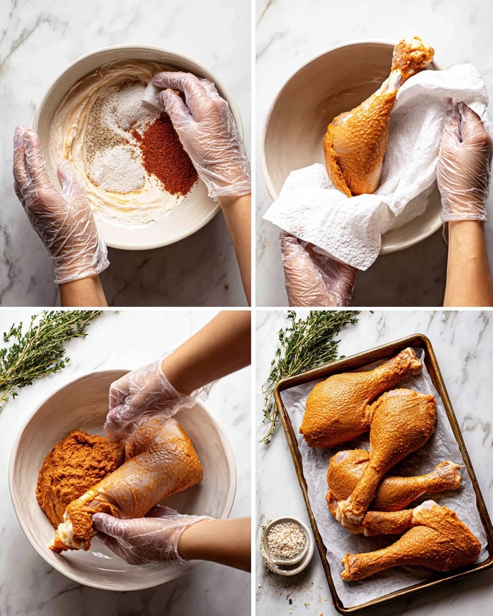 The image shows four turkey drumsticks placed in a large white bowl, their skin pale and slightly textured. Above this bowl, there is a small white bowl with five different spices arranged in separate sections: white salt, black pepper, red paprika, light brown onion powder, and yellow garlic powder. To the left of the spice bowl, there is another small bowl filled with smooth, creamy unsalted butter that is pale yellow. On the right side of the photo, fresh sprigs of green rosemary lay on a white marbled surface, adding a natural touch. The overall setup is clean and bright with a white marbled background. Photo taken with an iphone --ar 4:5 --v 7