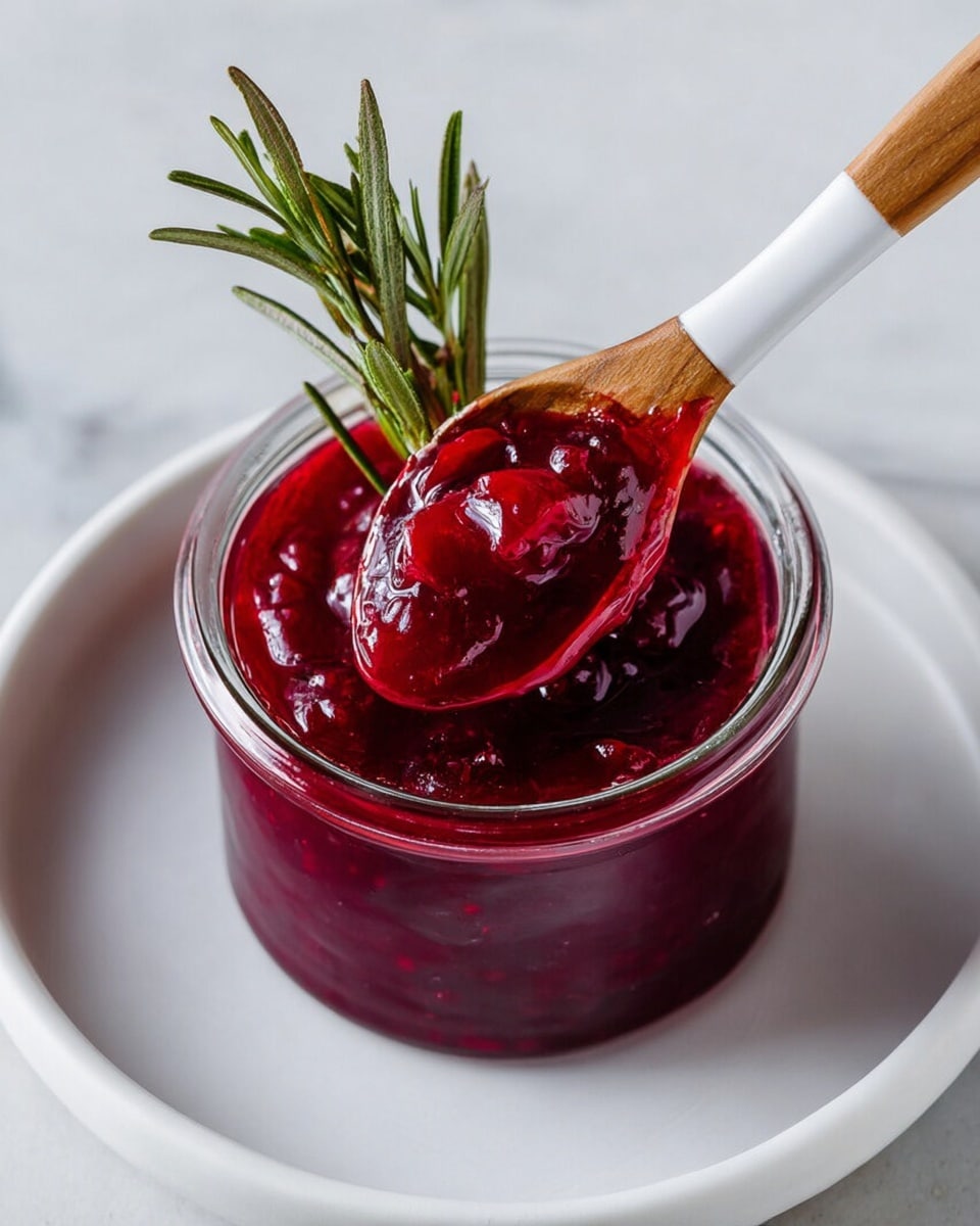 A clear glass jar filled with a deep red, thick cranberry sauce is placed at the center of a white plate. The sauce has visible chunks of cranberries and a shiny, smooth texture. A wooden spoon with a white handle is dipped into the jar, holding some sauce with a bright, glossy look. A small bunch of fresh green rosemary sprigs sticks out from the sauce, adding a touch of color and texture. The setup is on a white marbled surface creating a clean and simple backdrop photo taken with an iphone --ar 4:5 --v 7
