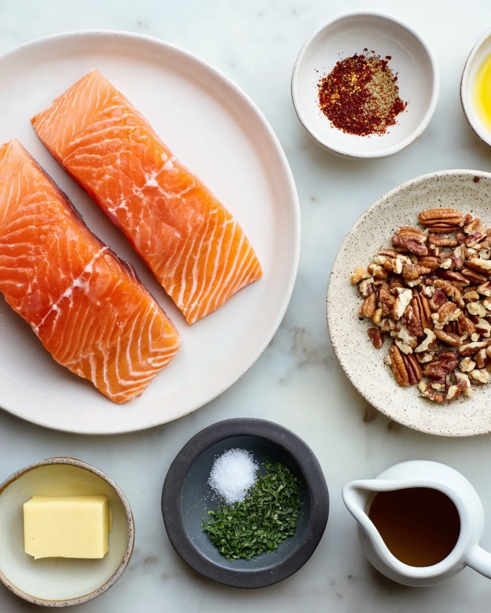 The image shows two parts: on the left, three thick, fresh salmon fillets with bright orange flesh and white lines are stacked slightly on a white plate; behind the plate, two small white bowls hold red paprika powder mixed with salt and black pepper, and olive oil. On the right, seven small white and dark gray bowls hold different ingredients arranged on a white marbled surface: chopped pecans on a white speckled plate in the center, softened butter in a white bowl on the upper left, salt in a dark gray bowl above center, finely chopped green herbs in a dark gray bowl on the lower left, yellow mustard in a white bowl on the top right, and dark brown honey in a small white pitcher at the bottom right. Everything is neatly arranged and clearly visible, bright and fresh in natural light photo taken with an iphone --ar 4:5 --v 7