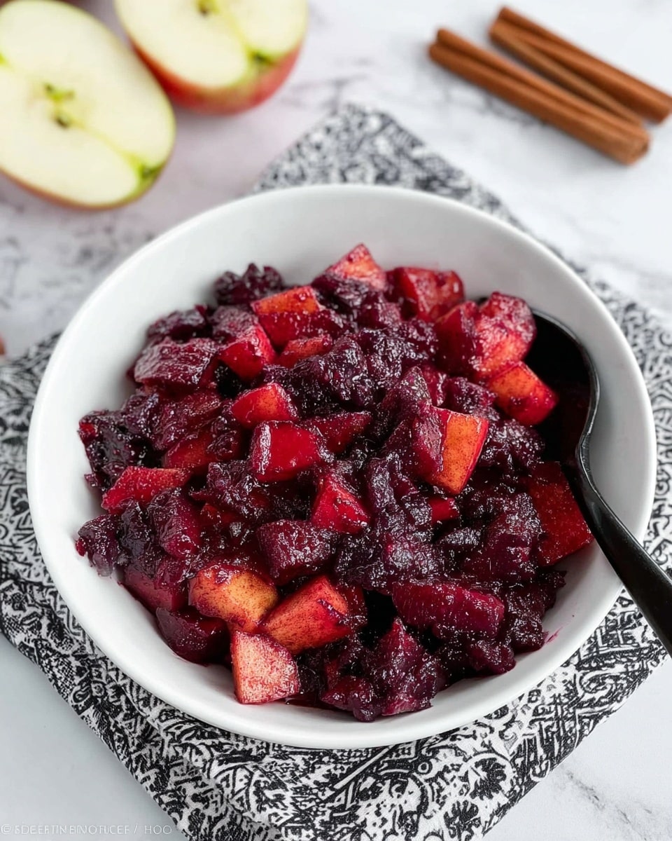 A white bowl filled with a chunky mix of deep red and dark purple fruit pieces, some bright red apple chunks visible throughout, with a shiny, slightly wet texture suggesting it is cooked or stewed; a black spoon is resting inside the bowl. The bowl sits on a black and white patterned cloth on a white marbled surface, with two halves of a light yellow-green apple placed nearby along with a few sticks of cinnamon for decoration. photo taken with an iphone --ar 4:5 --v 7