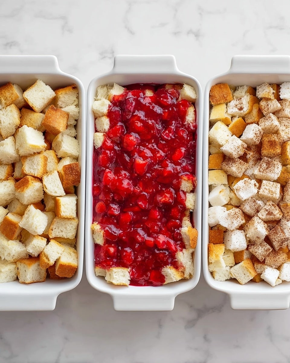 The image shows three white rectangular baking dishes placed side by side on a white marbled surface. The first dish on the left contains one layer of white bread cubes with golden brown crusts, evenly spread out. The middle dish has a base layer of white bread cubes topped with a vibrant red cherry sauce that covers the bread almost fully, showing some bread pieces underneath. The third dish on the right shows two layers, the bottom layer is the golden brown and white bread cubes, and the top layer is a mix of white bread cubes sprinkled with cinnamon or light brown powder, partially covering the bread beneath. Photo taken with an iphone --ar 4:5 --v 7