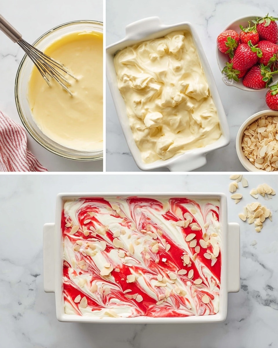 The image shows three stages of making a dessert, all placed on a white marbled surface. The first stage is a clear glass bowl with a smooth, pale yellow cream being mixed with a metal whisk, showing a silky texture. The second stage is a white rectangular baking dish filled with thick, creamy pale yellow mixture with small chunks mixed inside, covering the dish evenly. The third stage shows the same white baking dish topped with a white whipped cream layer swirled with bright red strawberry sauce, creating a marbled effect, and sprinkled with light tan sliced almonds; a few fresh strawberries and a small bowl of almonds are placed nearby, adding a fresh touch. Photo taken with an iphone --ar 4:5 --v 7