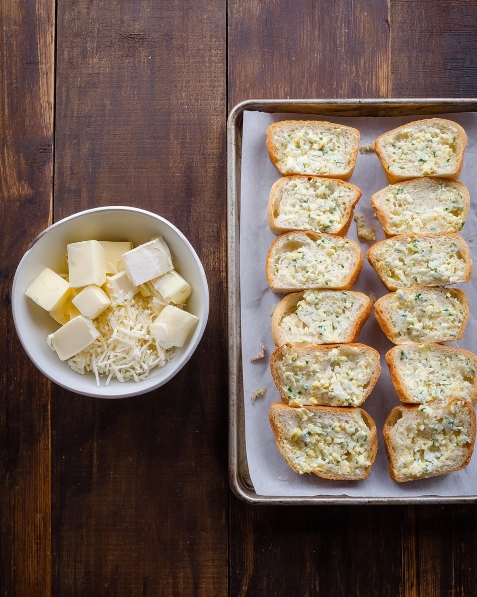 The image shows two parts: on the left side, a small white bowl filled with a mix of pale yellow butter cubes, white grated cheese, and small bits of a light brown ingredient, all on a dark wooden table. On the right side, a baking tray lined with white parchment paper holds ten slices of bread arranged in two columns and five rows. Each bread slice is spread with a pale yellow mixture mixed with small green herbs, giving the bread a textured and soft look. The tray is also on the dark wooden surface. Photo taken with an iphone --ar 4:5 --v 7