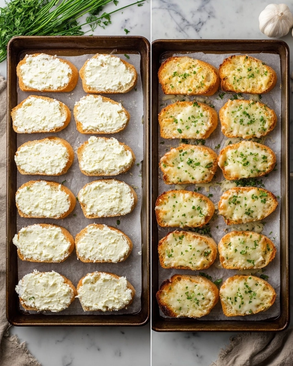 Two metal baking trays are shown side by side on a white marbled surface. The left tray has ten slices of bread laid out in two columns of five, each slice evenly spread with a thick white mixture that looks creamy and textured. The right tray contains ten slices of the same bread, now toasted golden brown, covered with melted cheese that has patches of light brown and sprinkled with small green herb pieces on top. Both trays are lined with parchment paper, and green herbs and garlic are partially visible in the background. photo taken with an iphone --ar 4:5 --v 7