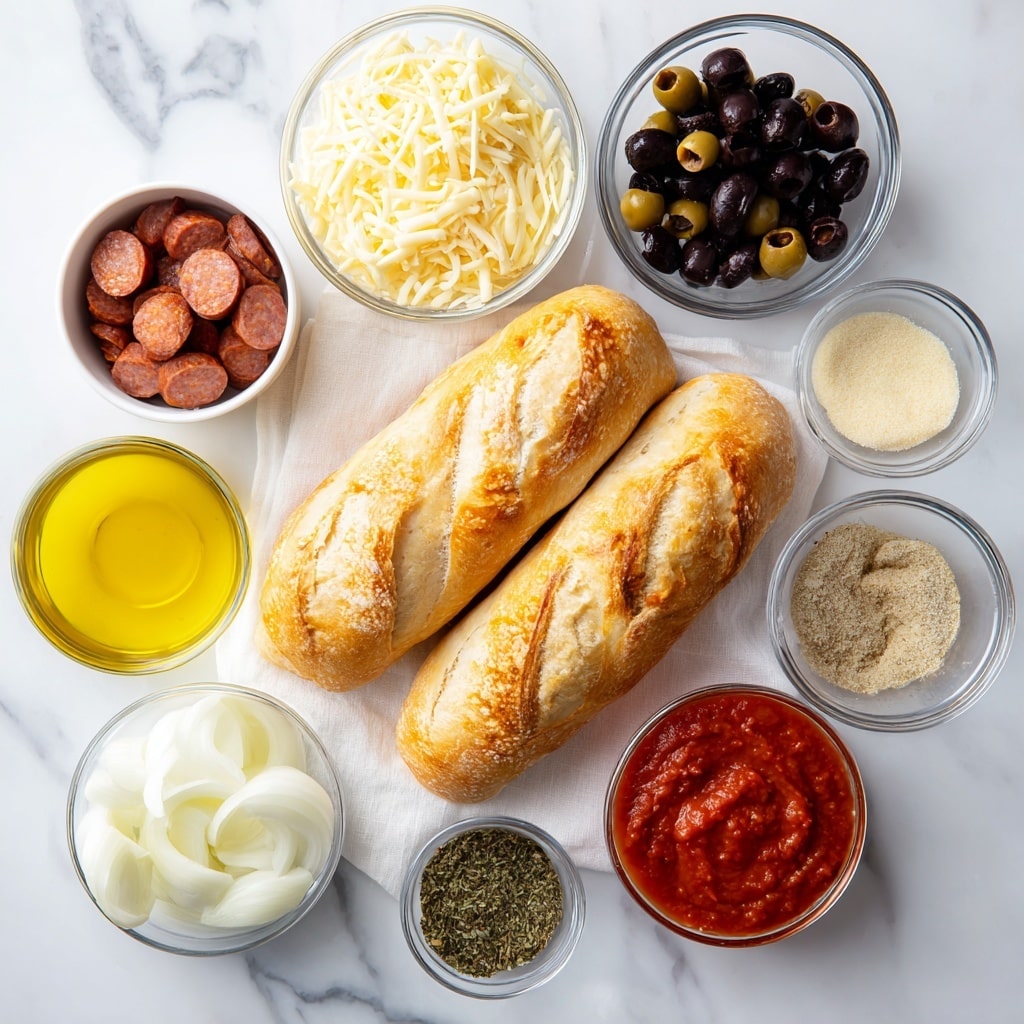 Two pieces of golden brown French bread rest on a white cloth over a white marbled surface. Surrounding the bread are small clear glass bowls containing different ingredients: a bowl of red-brown Italian sausage, a bowl filled with light yellow shredded mozzarella cheese, a bowl of sliced black olives, a bowl of white sliced onions, a bowl with yellow olive oil, a bowl of bright red pasta sauce, a small bowl of green dried oregano, and a tiny bowl of light beige garlic powder. Each ingredient is neatly arranged in a circle around the bread, all set on a clean white marbled background photo taken with an iphone --ar 4:5 --v 7