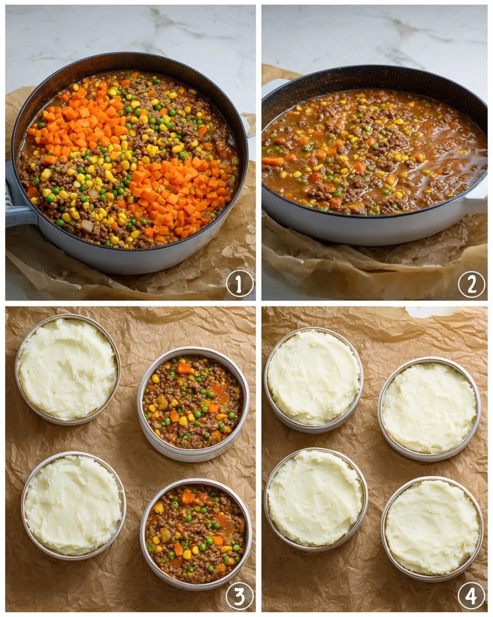 The image shows a step-by-step process of making a layered dish in four parts. The first part shows a skillet filled with a brown sauce base, with a colorful mix of chopped orange carrots, yellow corn, green beans, and peas piled on top. In the second part, the vegetables are mixed into the brown sauce with visible small pieces of cooked ground meat, creating a thick stew with vibrant orange, yellow, and green bits spread evenly. The third part displays five white ceramic bowls filled with the meat and vegetable stew, the colorful mix visible just under the surface. The last part shows the same bowls now topped with a smooth, thick layer of white mashed potatoes, fully covering the stew beneath. All bowls sit on crumpled brown parchment paper with a white marbled surface background. Photo taken with an iphone --ar 4:5 --v 7