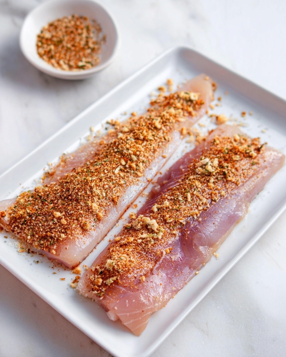 Two long, seasoned raw fish fillets lie side by side in a black air fryer basket. Each fillet is covered evenly with a reddish-brown spice mix speckled with smaller white and green herbs visible, giving a textured look. The air fryer basket has a matte, slightly rough surface with vent holes and slots below the fillets. The whole setup sits on a white marbled surface with soft veins of gray. photo taken with an iphone --ar 4:5 --v 7