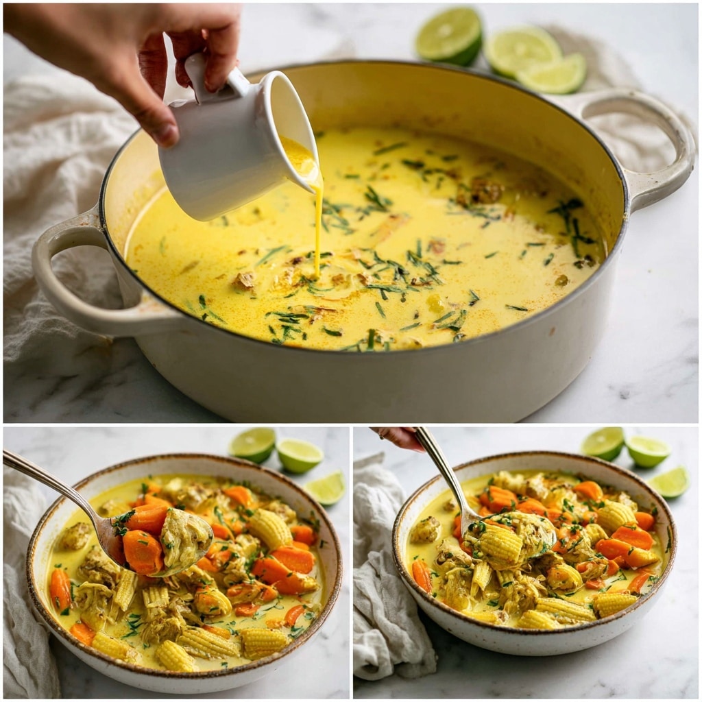 A cooking pan shows a smooth, creamy yellow curry base with some green herbs floating near the top. A woman's hand is seen pouring a small amount of a liquid ingredient into the curry. The curry gets a slightly thicker cream added by a woman's hand pouring from a small white cup. In the next image, bright orange carrots and light yellow baby corn are added into the curry, showing a mix of vegetables and light meat pieces in the creamy yellow sauce. Finally, the dish is served in a white bowl with a rustic look, filled with the creamy yellow curry, orange carrots, baby corn, and chunks of light meat, garnished with green herbs; a spoon held by a woman's hand is lifting some of the curry above the bowl. The setting is on a white marbled surface with a simple cloth and lime wedges in the background, photo taken with an iphone --ar 4:5 --v 7