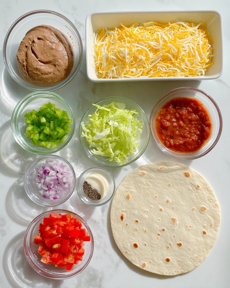 The image shows a single white round tortilla on the top right side with small holes and light brown spots. Surrounding the tortilla are several small clear bowls containing different ingredients: the top left bowl has a thick brown paste, below it is a long rectangular white container filled with shredded yellow and white cheese strands. To the right of the shredded cheese is a clear bowl with chopped light green lettuce. Next to the lettuce are four smaller clear bowls arranged in a square: the top left contains chopped purple onions, the top right has red salsa with visible seeds and chunks, the bottom left contains chopped green bell peppers, and the bottom right has small diced red tomatoes. Near the bottom left is another small clear bowl with white salt, black pepper, light beige powder, and light yellow powder. All the bowls and the tortilla sit on a white marbled surface. photo taken with an iphone --ar 4:5 --v 7