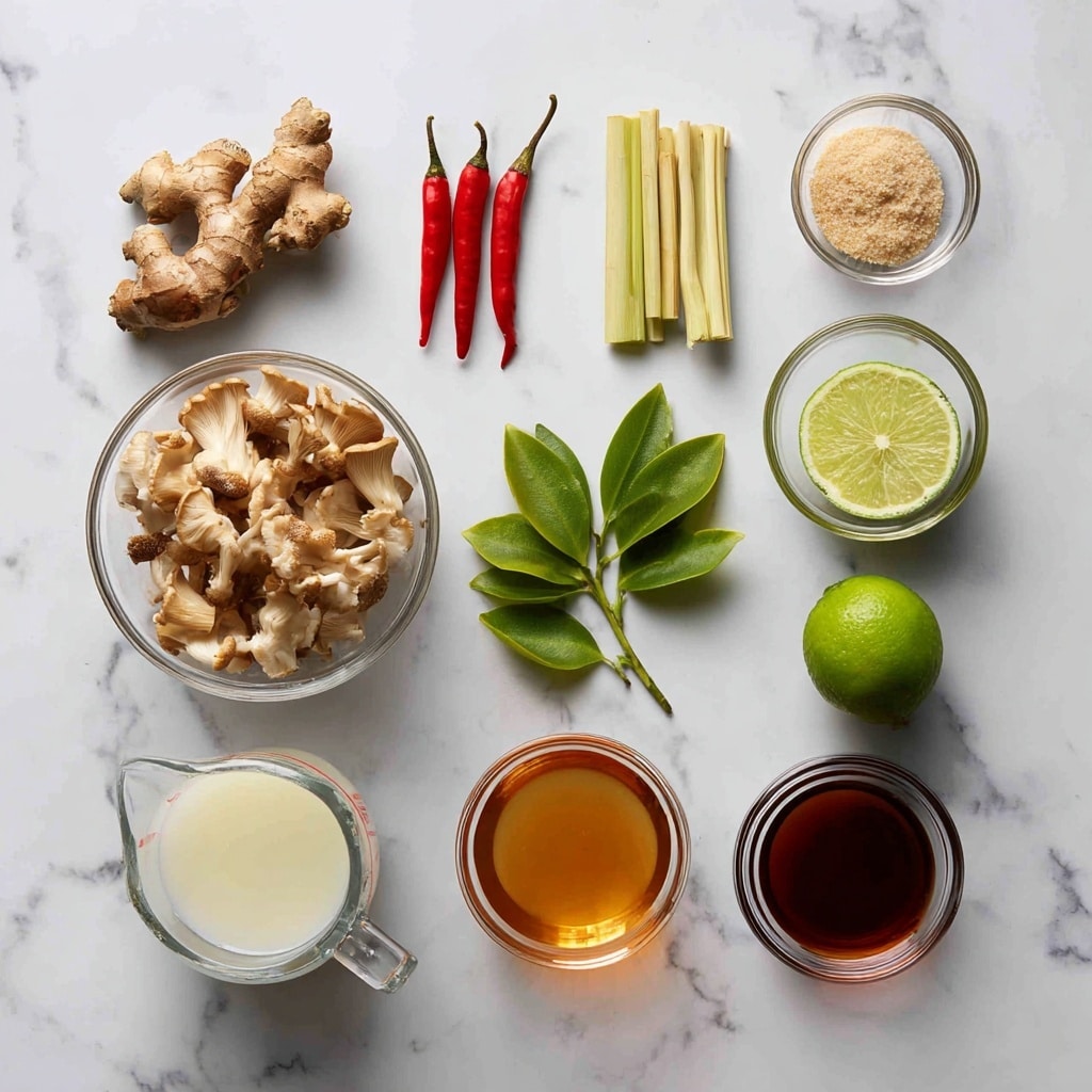 The image shows an overhead view of various fresh ingredients neatly arranged on a white marbled surface. On the top left is a light brown galangal root next to two small red Thai red chilies. To the right are three green makrut lime leaves, followed by five short, pale yellow lemongrass stalks, and then a halved green lime showing its juicy inside. On the far right is a small glass bowl filled with light beige palm sugar. Below, on the bottom left, is a clear glass bowl loaded with light brown oyster mushrooms with ruffled edges. Next to it is a clear measuring cup holding amber-colored chicken broth. To the right is a similar clear measuring cup filled with creamy white coconut milk, and finally, a small glass bowl with dark amber fish sauce. All items are spaced evenly against the clean white marbled background. Photo taken with an iphone --ar 4:5 --v 7