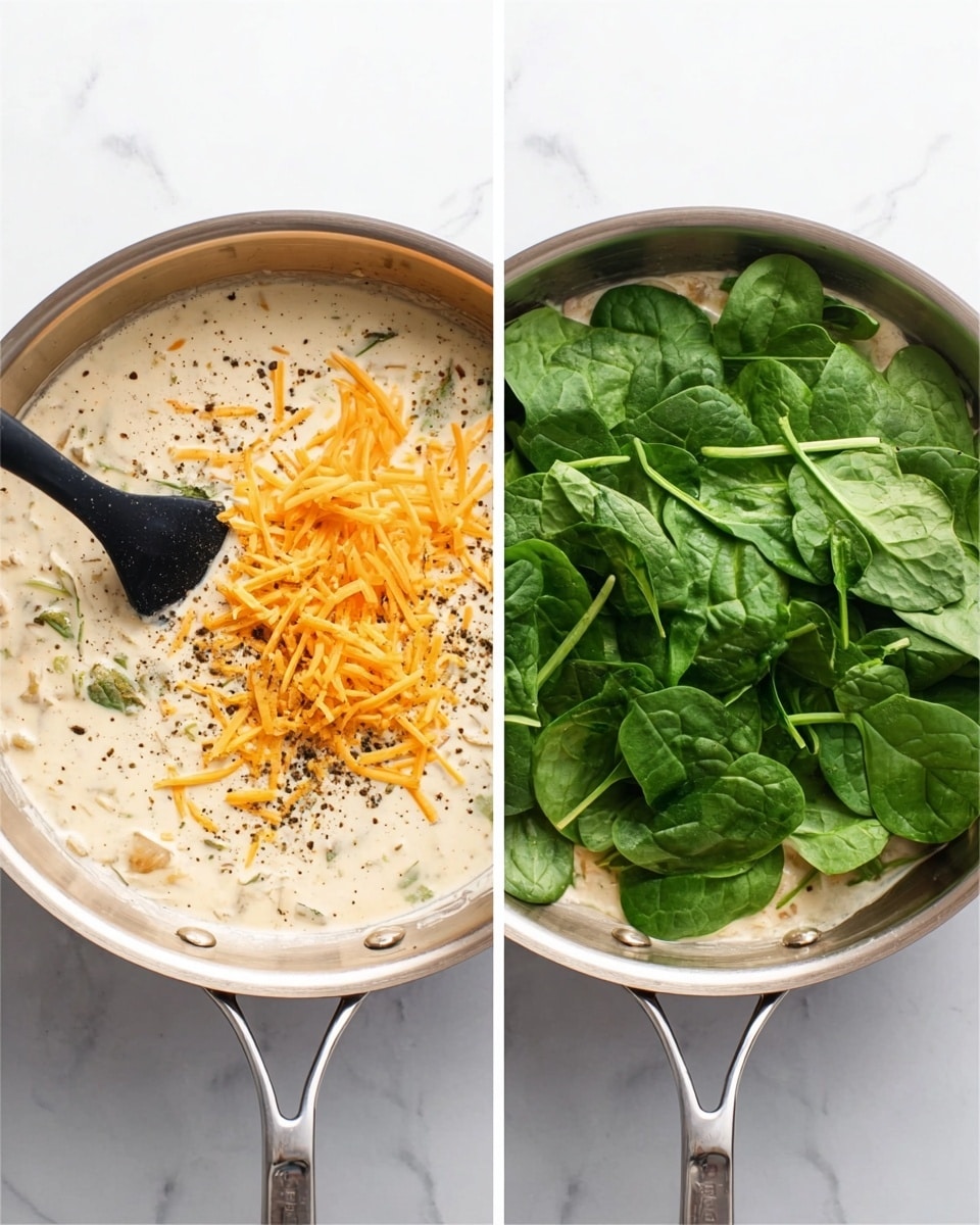 The image shows two side-by-side photos of a shiny silver pan on a white marbled surface. In the left photo, inside the pan, there is a creamy white sauce mixed with black pepper and orange shredded cheese sprinkled on top. A black spatula is stirring the sauce on the right side of the pan. In the right photo, the creamy sauce is the same, but now a layer of fresh green spinach leaves covers the top, resting loosely without being stirred. The pan’s handle is facing outward and the lighting is bright and clean, making the colors vivid and clear. Photo taken with an iphone --ar 4:5 --v 7