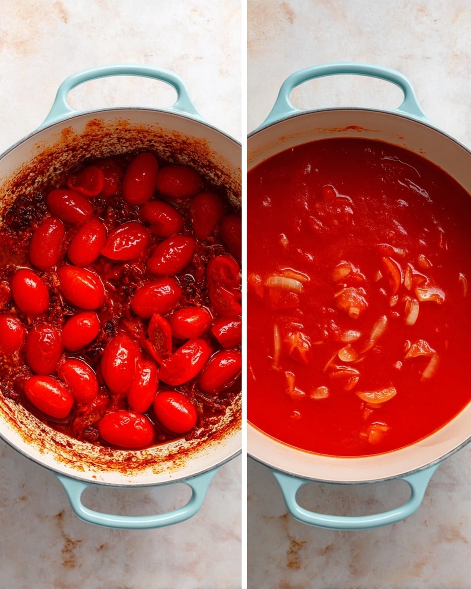 The image shows two views of a large white pot with light blue handles placed on a white marbled surface. In the left view, the pot is filled with whole peeled tomatoes in a thick bright red sauce, which covers most of the bottom and sides of the pot with some dark browned bits visible around the edges. In the right view, the pot contains the same whole peeled tomatoes but now in a thinner, more liquid red sauce with small pieces of translucent onions floating on the surface. The red sauce is smooth and shiny, and you can see some oil sheen on the surface. Photo taken with an iphone --ar 4:5 --v 7