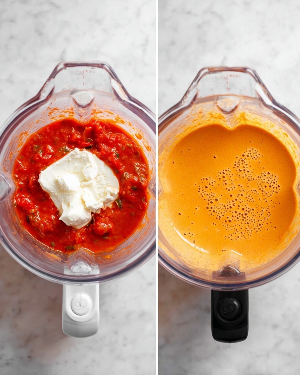 The image shows two clear blender containers from above on a white marbled surface. On the left, the blender holds a mix of red chunky tomato sauce with visible vegetable pieces, topped with a dollop of white soft cheese in the center. Below this blender is a white measuring cup with some cheese inside and sauce splashes around it. On the right, the blender contains a smooth creamy orange sauce with tiny bubbles evenly spread over the surface. The blenders have black handles and are both placed on the white marbled surface. photo taken with an iphone --ar 4:5 --v 7