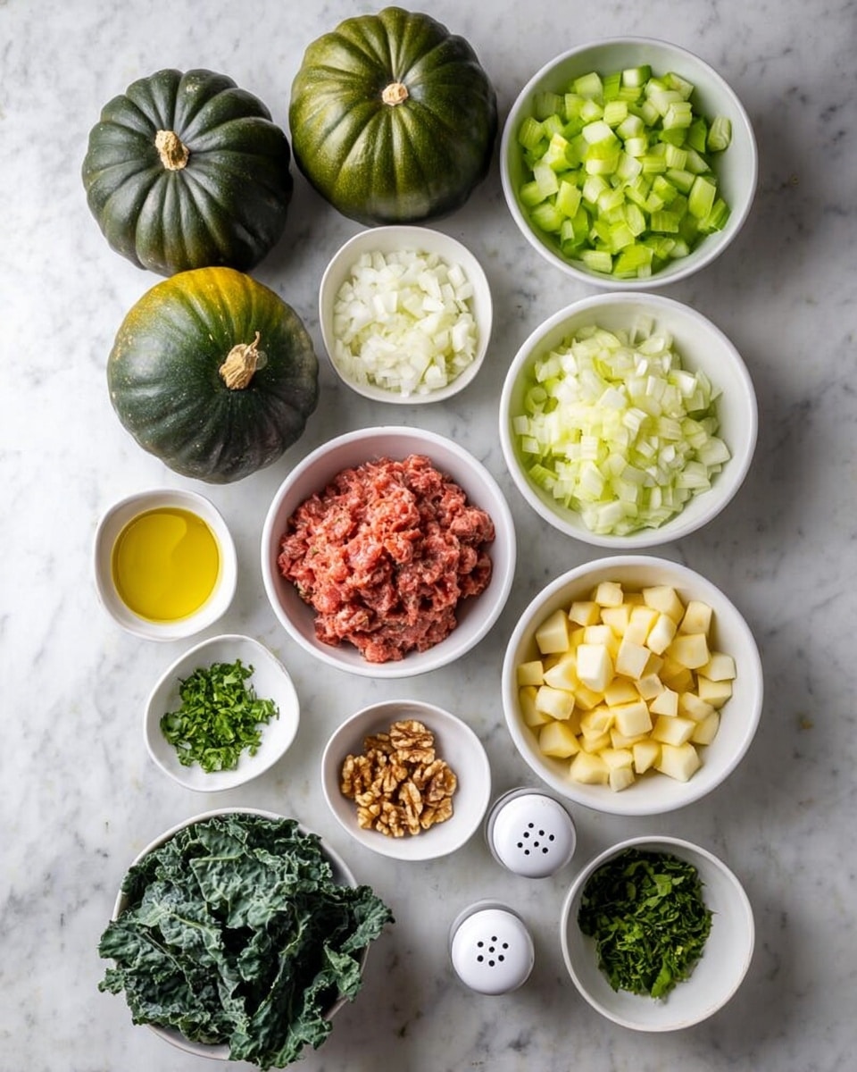 The image shows an arrangement of ingredients on a white marbled surface. At the top are two green acorn squashes with smooth, ribbed skin. Below them are two white bowls: the left one filled with chopped white onions, the right one with diced celery, both light green and white in color. To the right is a small white bowl of golden-yellow olive oil and a pair of small white salt and pepper shakers. Below is a white bowl with light yellow diced apples next to three small white bowls, containing finely chopped green herbs, walnuts, and more herbs respectively. To the left is a larger white bowl of bright red ground meat, followed by smaller bowls with fresh green mint leaves, white crumbled cheese, and finely chopped light brown garlic. At the bottom left is a white bowl filled with dark green leafy kale. The layout shows a variety of colors and textures with natural lighting, photo taken with an iphone --ar 4:5 --v 7