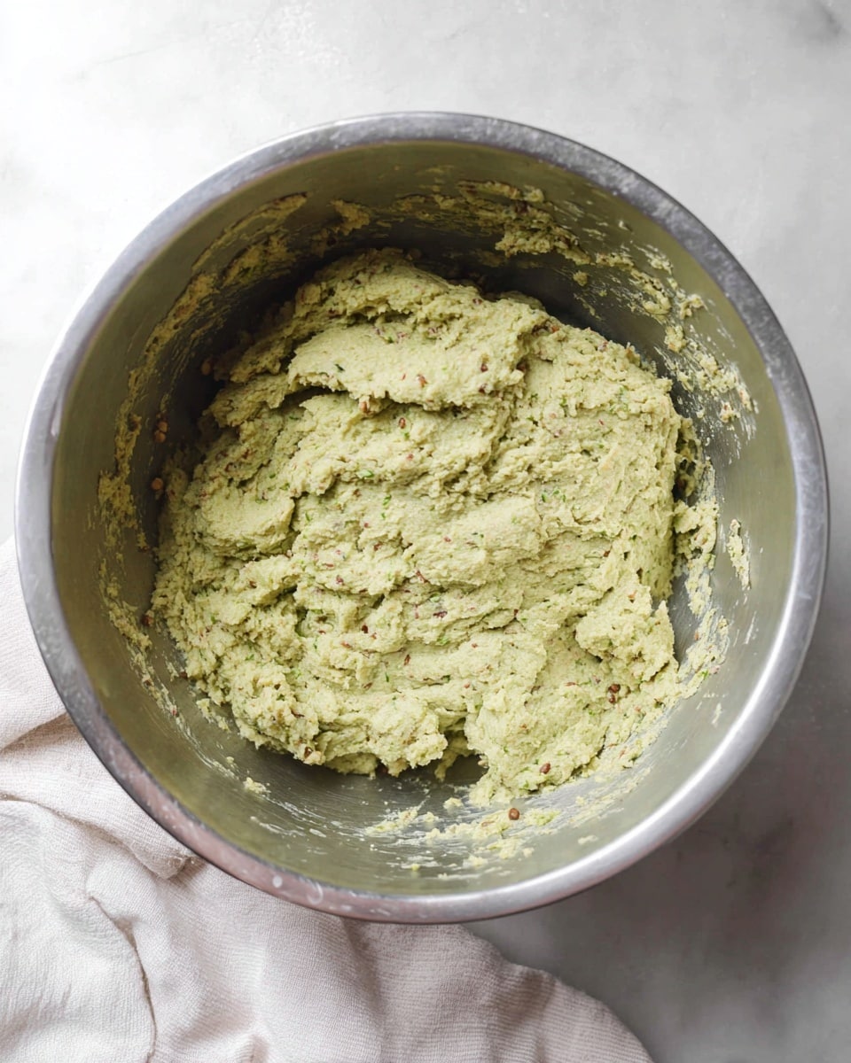 The image shows a thick, crumbly dough with a light green color and small brown seeds mixed in, sitting in a silver metal bowl. The dough has a slightly uneven surface texture with some cracks and rough patches, and it spreads out mostly flat but piled in the center of the bowl. The bowl is placed on a white marbled surface with a soft, folded white cloth nearby. Photo taken with an iphone --ar 4:5 --v 7