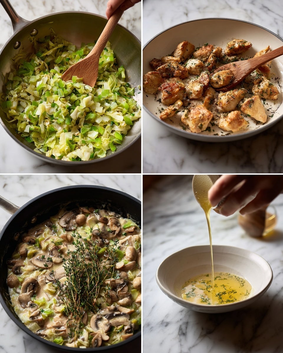 The first image shows a steel pan filled with light green chopped leeks and sliced beige mushrooms mixed together, with a woman's hand holding a wooden spoon stirring the ingredients. The second image features a white pan with golden-brown cooked chicken pieces evenly spaced inside on a white marbled surface, next to a wooden spoon. The third image displays a black pan filled with a creamy, light beige sauce mixed with green chopped leeks, sliced mushrooms, and small chicken pieces, with a woman's hand holding a wooden spoon stirring the mixture. The fourth image shows a close-up of a white bowl on a white marbled surface containing melted butter with herbs like thyme floating on top, while golden liquid is being poured into the bowl. photo taken with an iphone --ar 4:5 --v 7