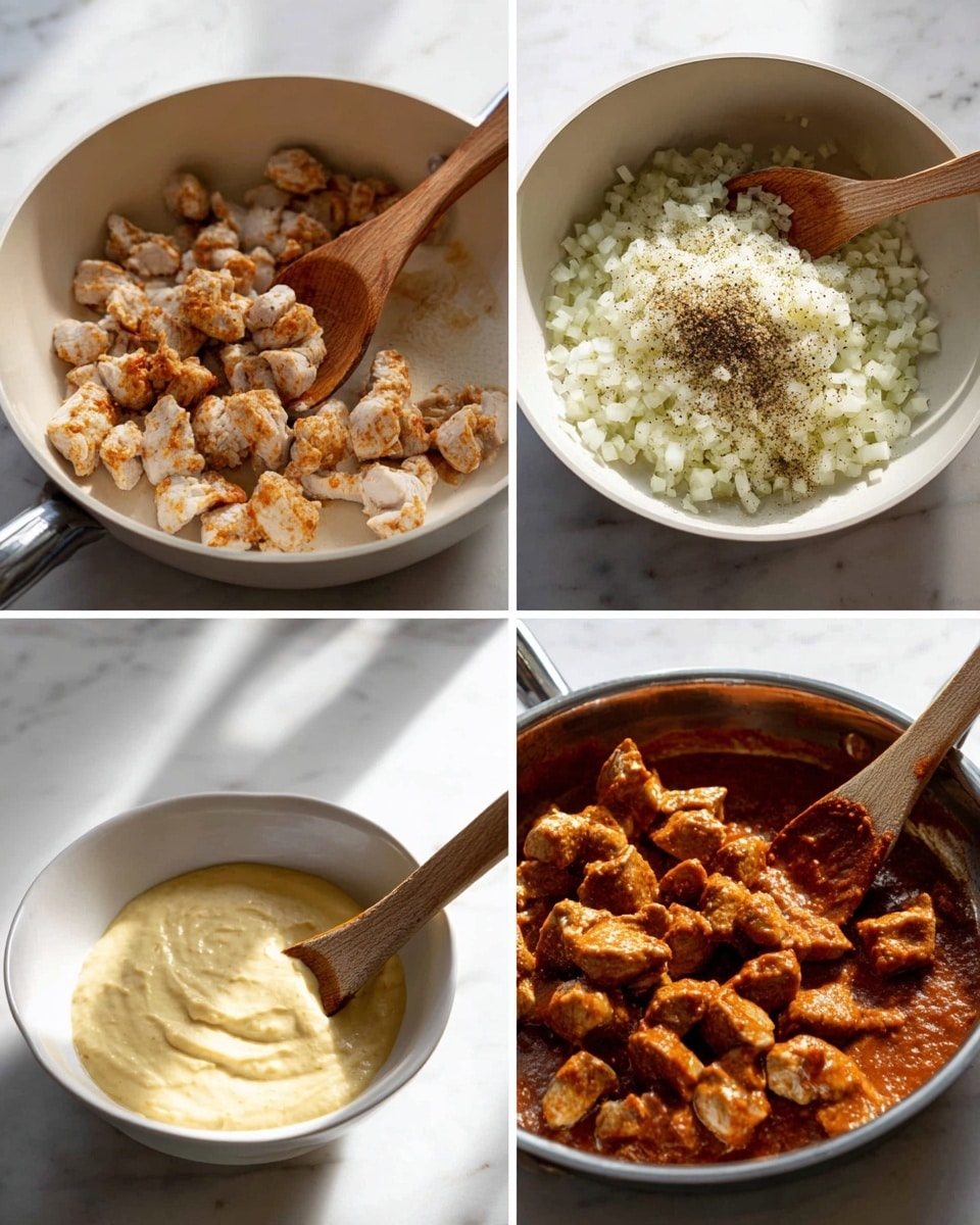 The image shows four panels of cooking steps. The top left has a white pan with small light brown-cooked meat pieces being stirred by a wooden spoon. The top right panel shows a white pan with finely chopped white onions and a sprinkle of black and white spices on top, being stirred by a wooden spoon. The bottom left has a white bowl filled with creamy light yellow sauce with a spoon inside. The bottom right panel displays chunks of meat in a silver pan covered in a thick red-brown sauce, being stirred by a wooden spoon. All scenes are set on a white marbled surface with natural light. Photo taken with an iphone --ar 4:5 --v 7