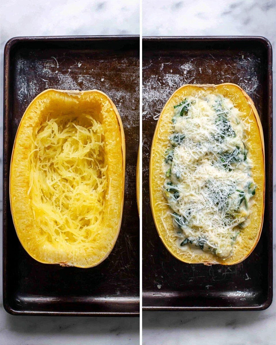 Two images side by side show the process of making stuffed spaghetti squash halves on a dark baking tray. On the left side, two hollowed spaghetti squash halves rest with their yellow, shiny flesh exposed, showing fibrous texture inside. On the right side, the same squash halves are filled with a creamy white sauce mixed with green leafy pieces, topped with a layer of fine white grated cheese sprinkled across the surface. Both halves sit on the dark baking tray, which contrasts with the yellow and white colors of the squash and toppings. The background is a white marbled texture. photo taken with an iphone --ar 4:5 --v 7