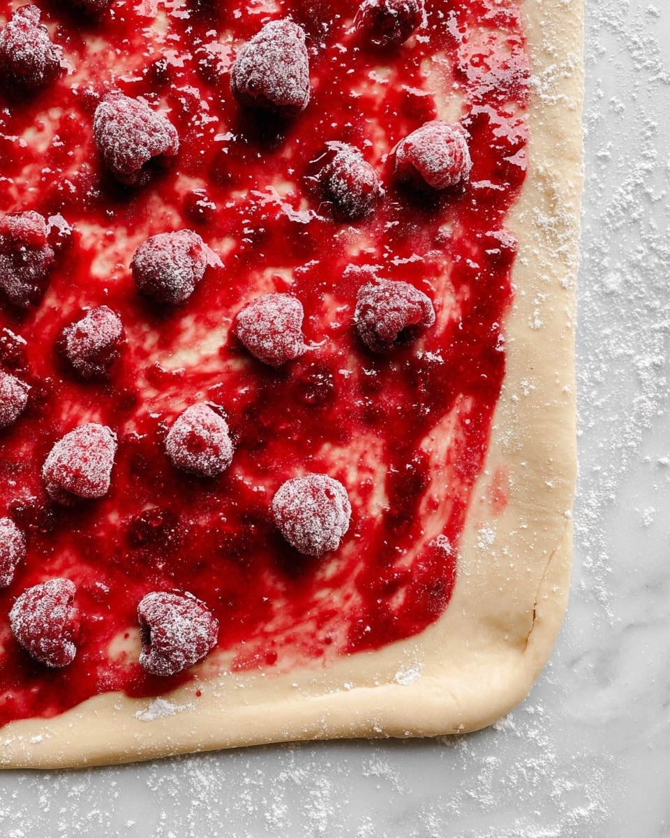 A close-up view of a rolled-out dough layer with a light beige color and smooth texture, spread evenly on a white marbled surface dusted with flour. The dough is topped with a bright red berry sauce spread thinly but unevenly, allowing some parts of the dough to show through. Scattered across the sauce are several whole raspberries covered lightly in frost, adding a textured, frosty touch in deep red tones. The edges of the dough are visible and slightly rounded, framing the topping. Photo taken with an iphone --ar 4:5 --v 7