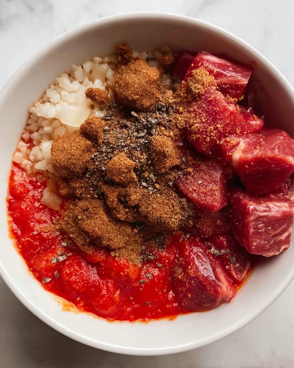 In a close-up view inside a white bowl, there are multiple layers of food ingredients. The bottom layer shows small white grain pieces in one corner. Next to it are bright red sauce with a thick texture, covering part of the bowl surface. On the right side, there are several chunks of red raw meat with some black seasoning sprinkled on top. Several clumps of brown powder are scattered on top of the red sauce and meat, creating a rough texture. The bowl sits on a white marbled surface. photo taken with an iphone --ar 4:5 --v 7