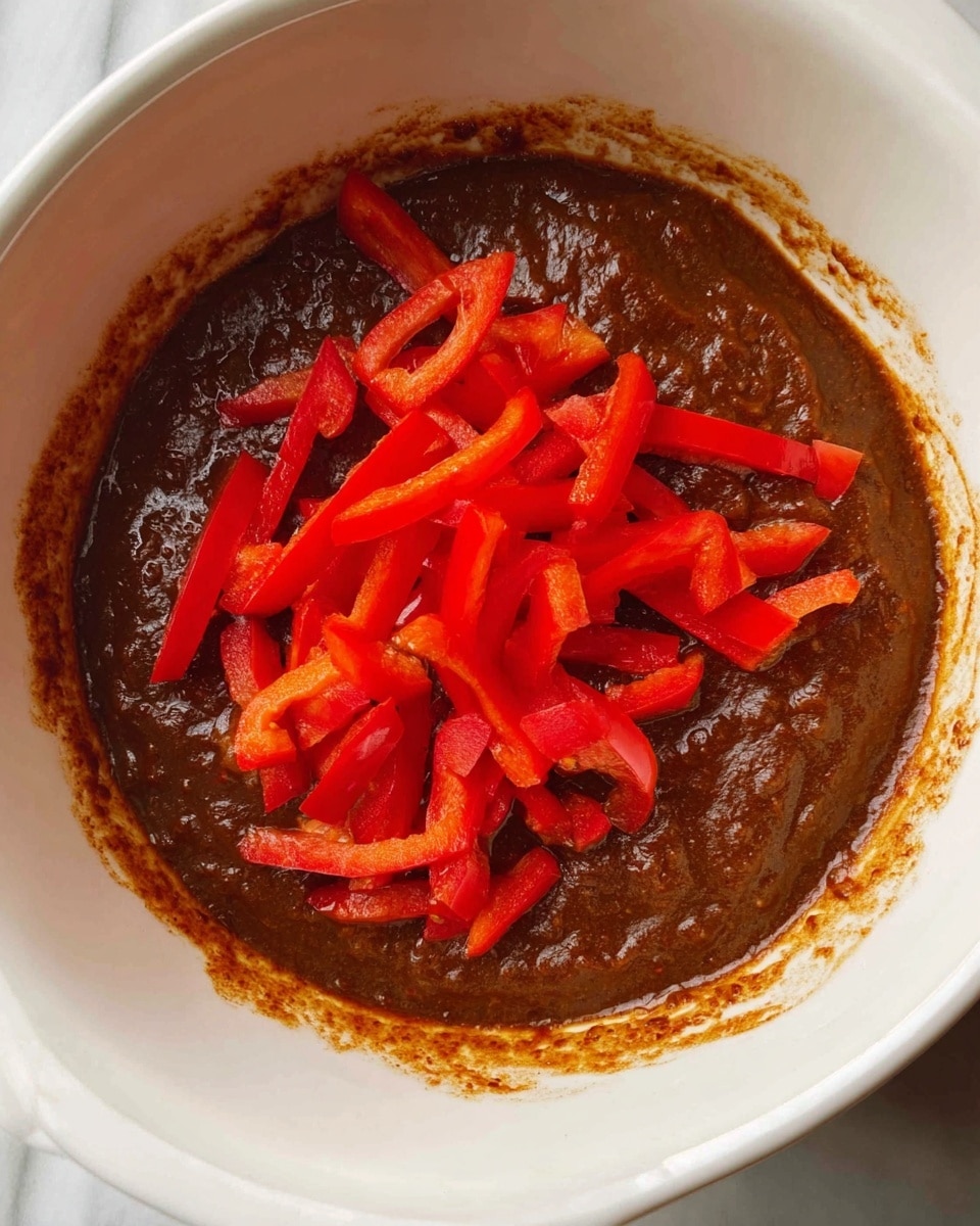 The image shows a white bowl filled with a thick, dark brown sauce that has a rich, slightly chunky texture. On top of the sauce, there are thin, bright red slices of bell pepper scattered unevenly, creating a vivid contrast with the dark sauce underneath. The bowl is set against a white marbled surface, and there is a light reddish-brown residue around the inner edge of the bowl, showing some cooking marks. The red pepper strips look fresh and slightly glossy. photo taken with an iphone --ar 4:5 --v 7